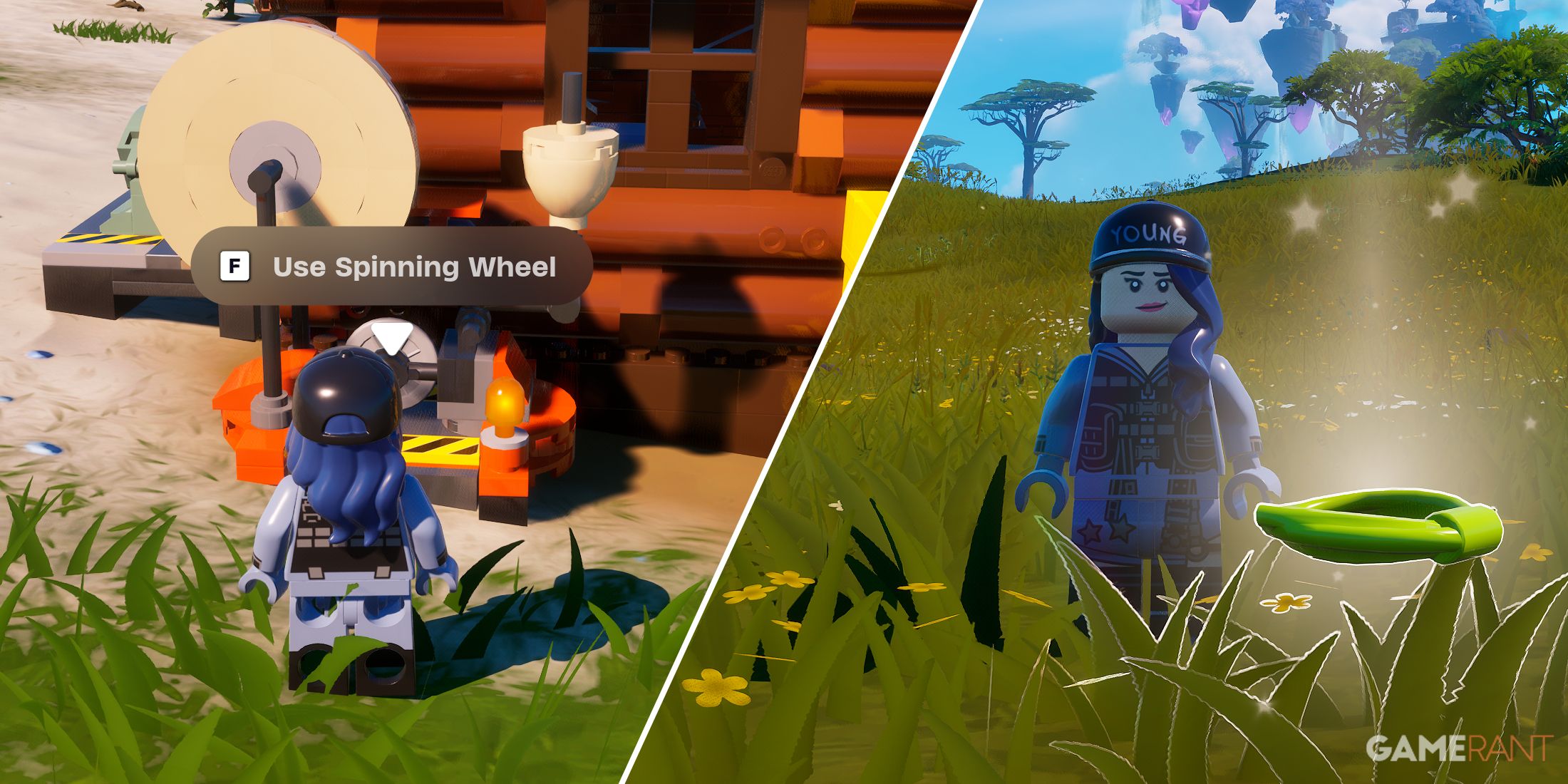 Split-image showcasing the Spinning Wheel and Cord in LEGO Fortnite