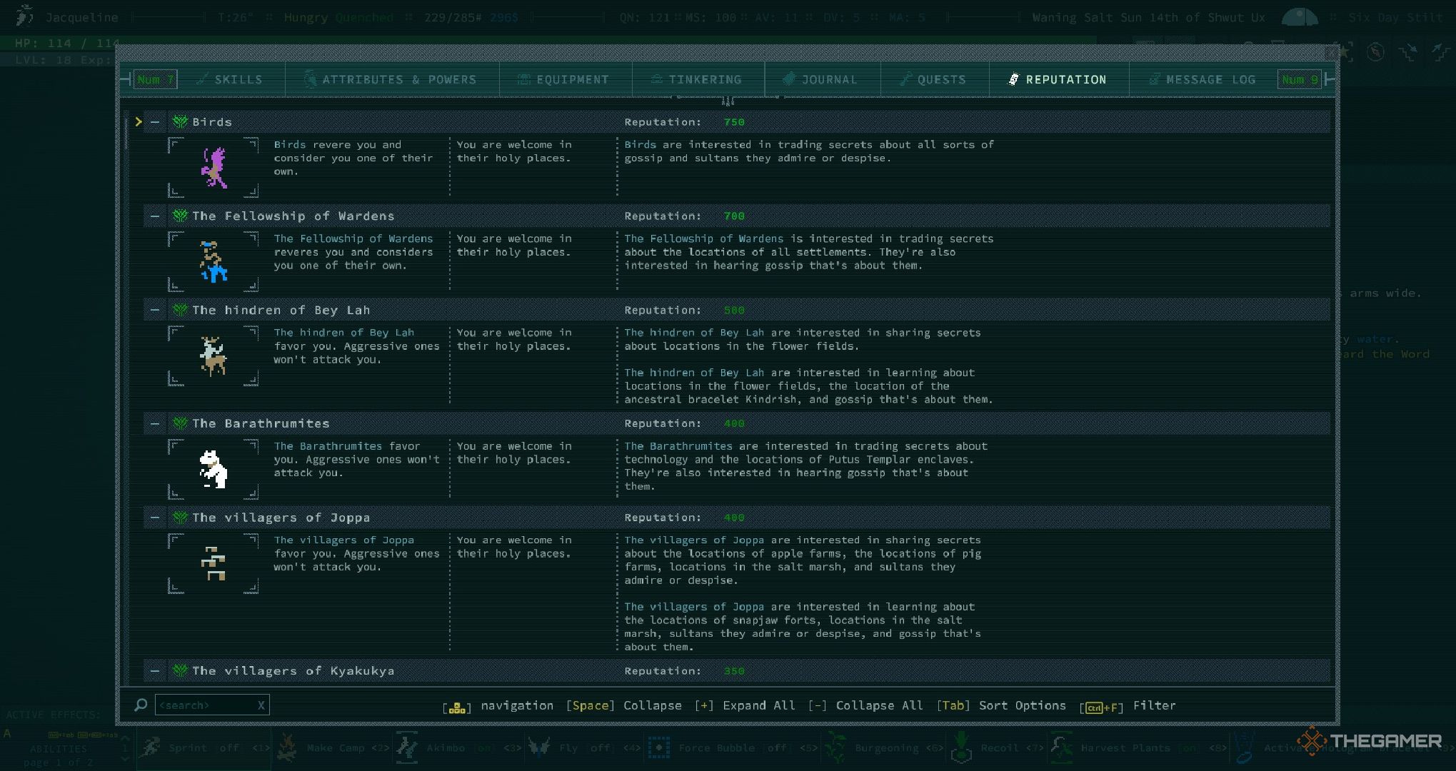 A player looking at reputation with all factions.