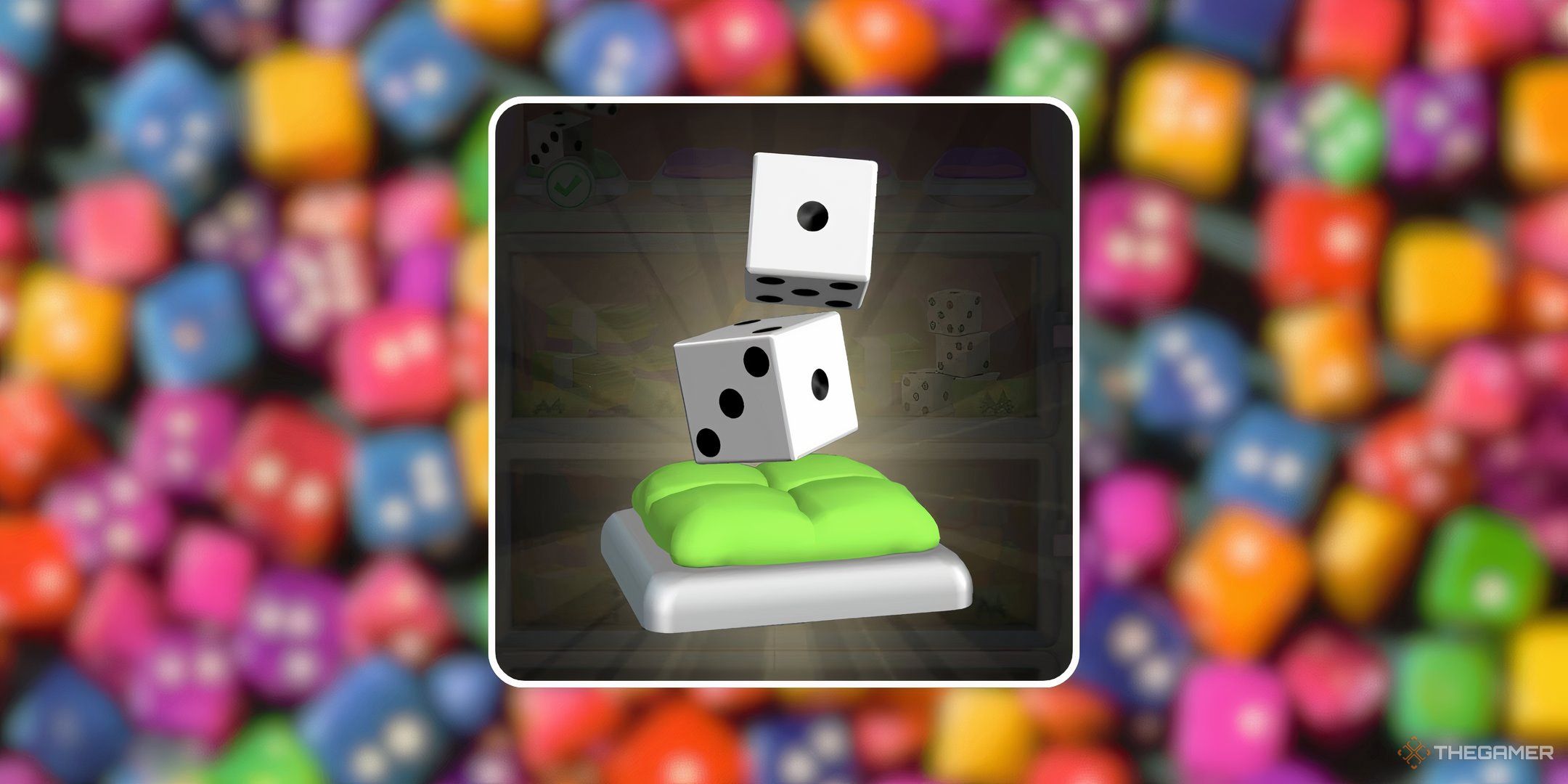 The Classic dice for Monopoly Go in front of a pile of rainbow dice for the dice skin guide in Monopoly Go.