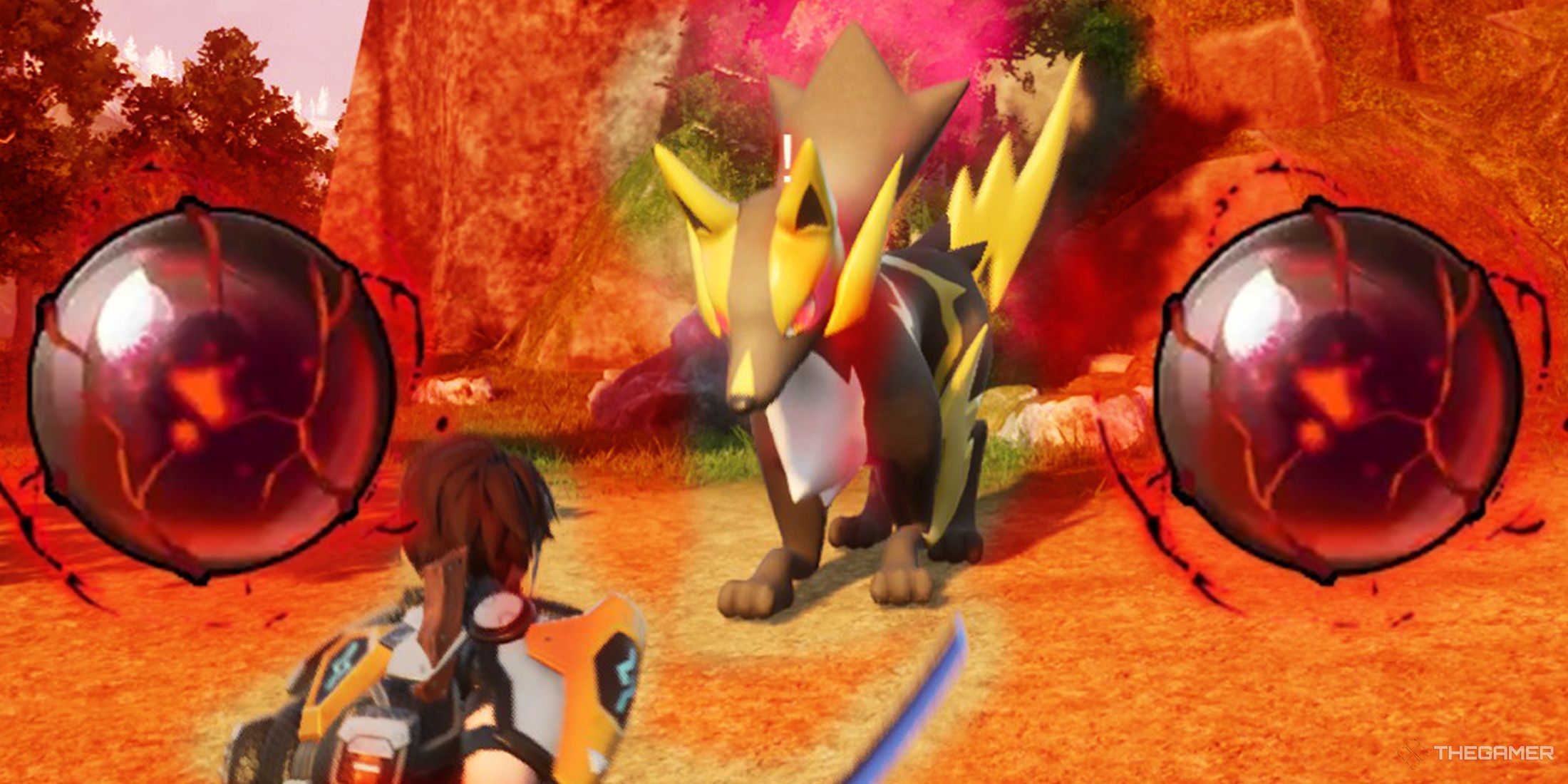 The player is standing in front of the Predator Rayhound and two Predator Cores are located left and right side in Palworld