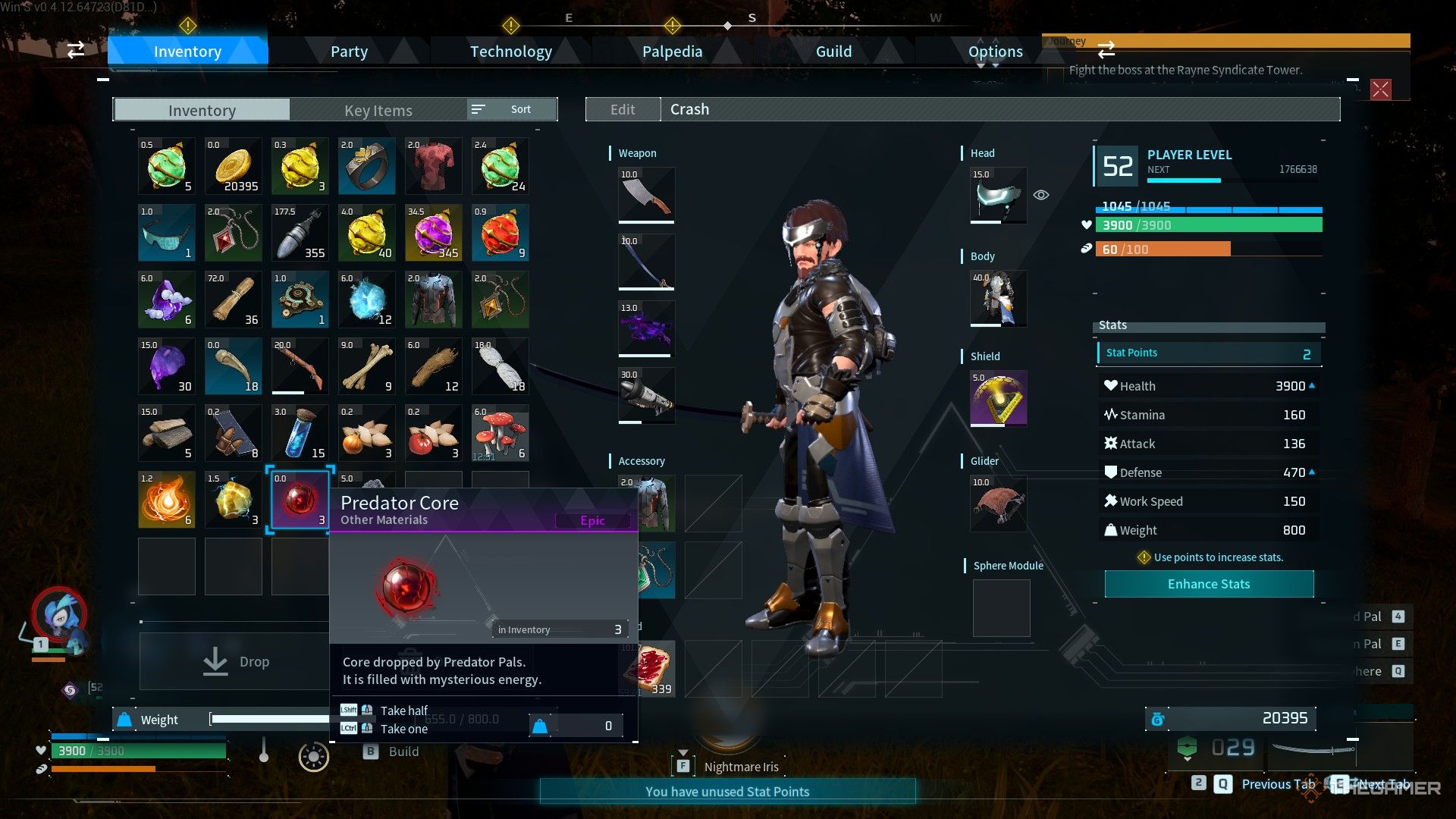 The player is inspecting his inventory and checks three Predator Cores in Palworld.