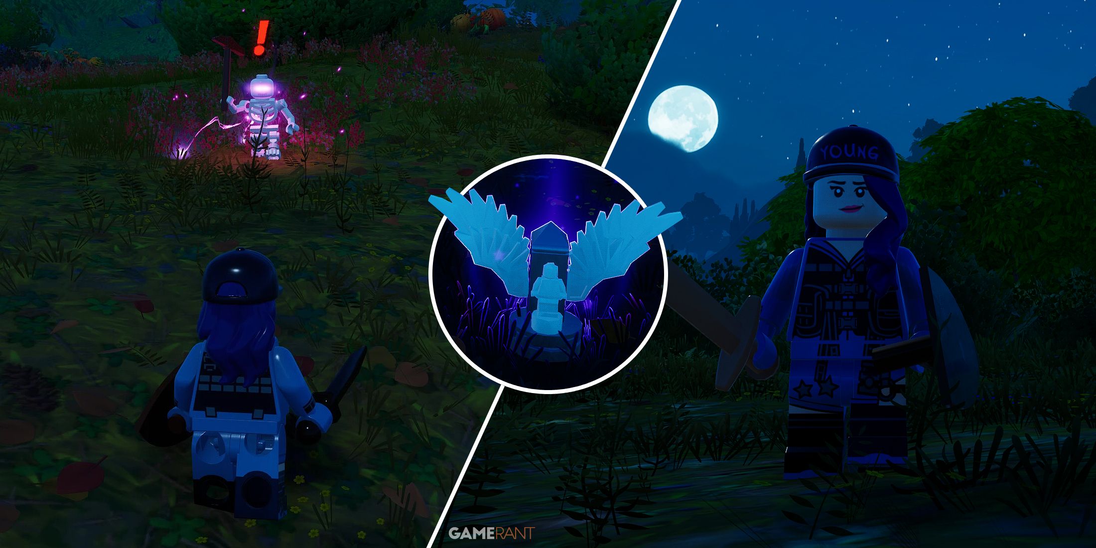 Split-image showcasing different features in LEGO Fortnite's Expert Mode