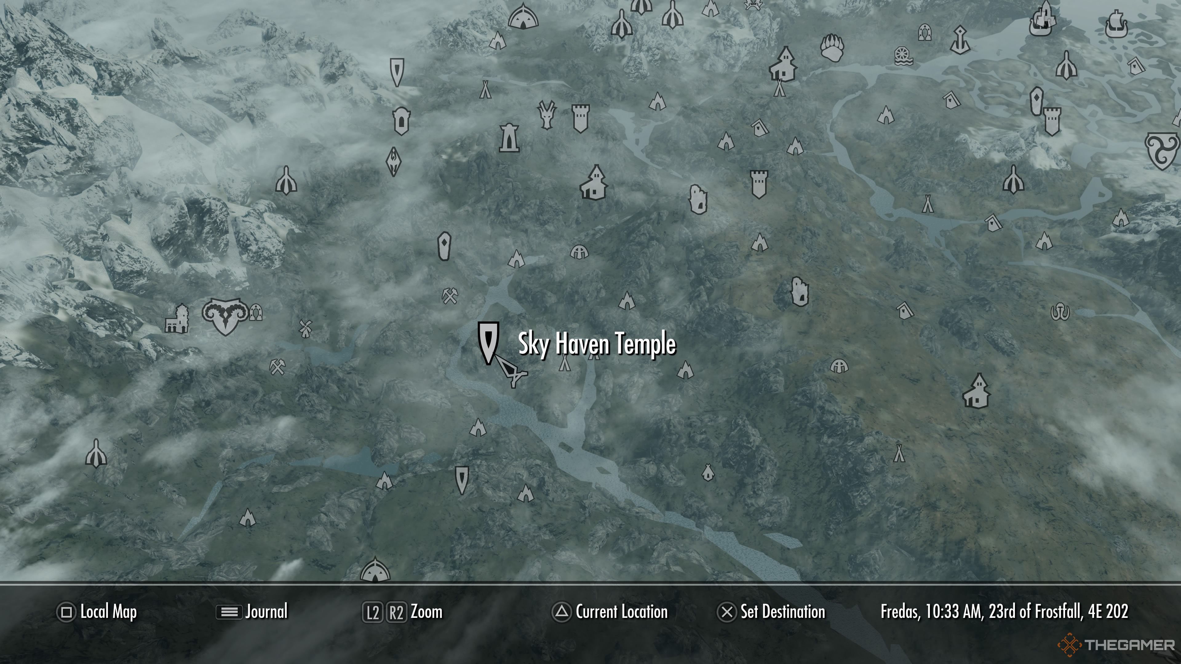 An image with the map of Skyrim visible. Sky Haven Temple is hovered over which is east of Markarth and the player can view many other locations scattered around it. A river forks and splits off running on either side of the area of Sky Haven Temple.