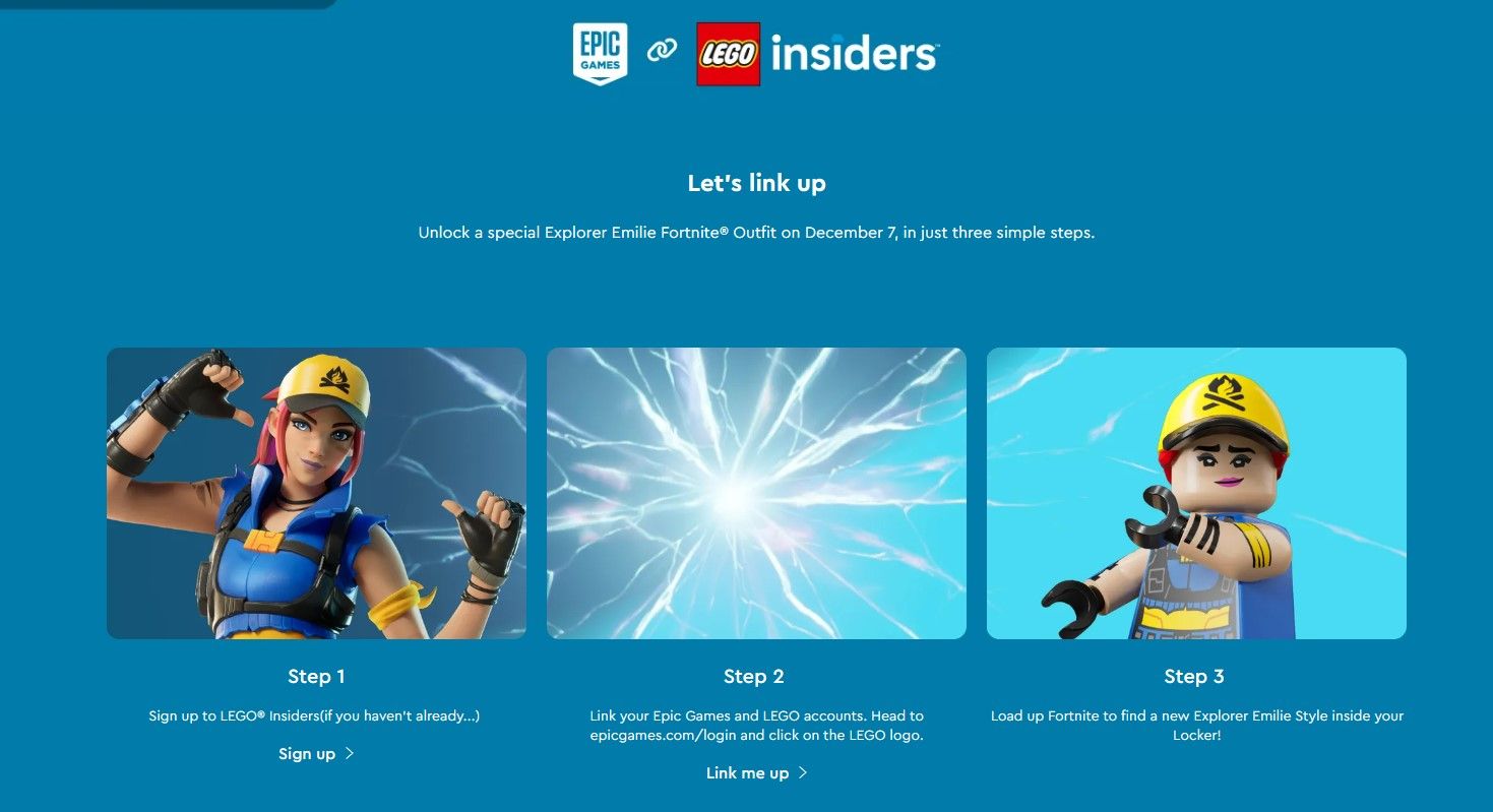 A screenshot from the Lego website detailing how to sign up to Lego Insiders and Epic for the Fortnite Emilie skin.