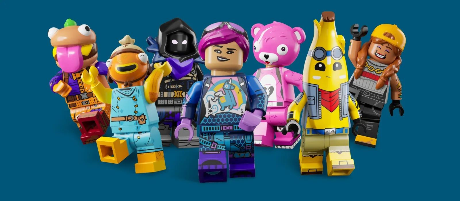 A group of Fortnite characters in Lego form.