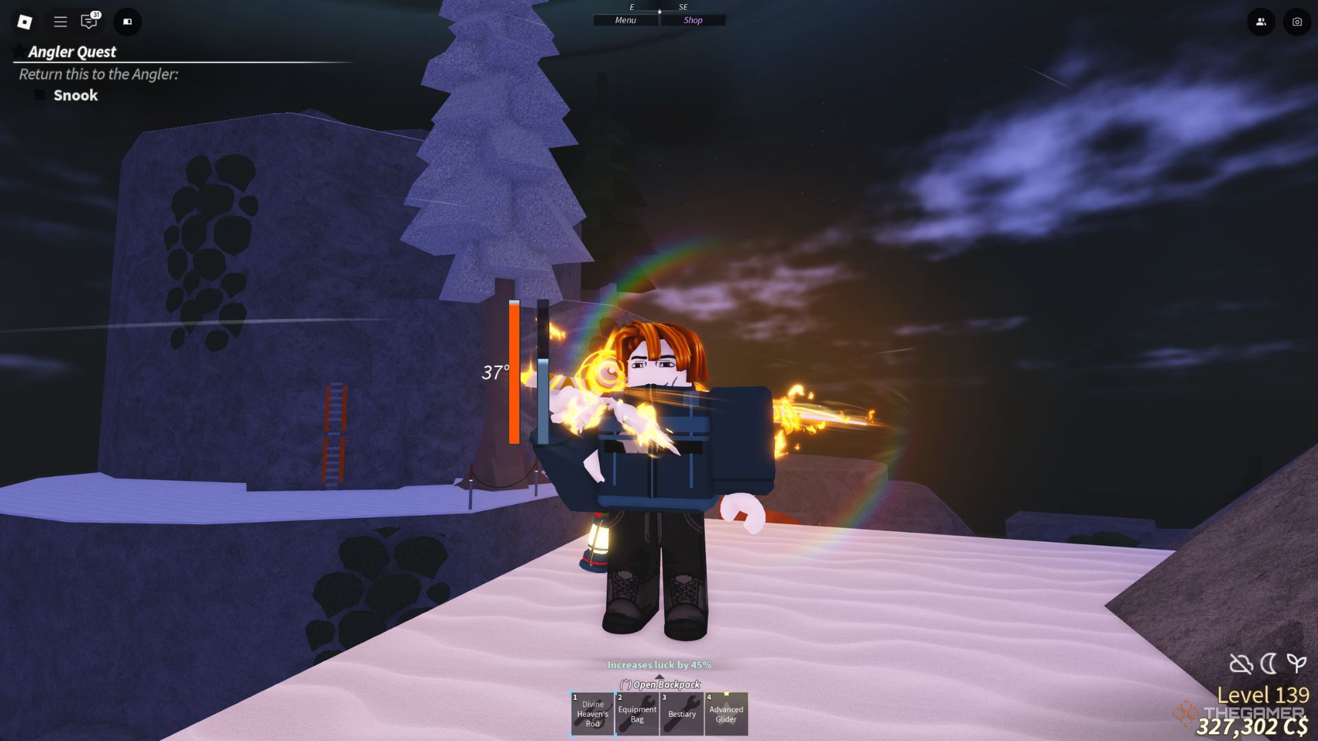 The player character holding Heaven's Rod with his right hand while smiling in Fisch.