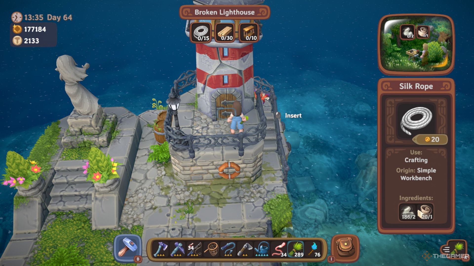 Player character inspecting the Lighthouse and seeing the three materials needed floating above it in Luma Island.