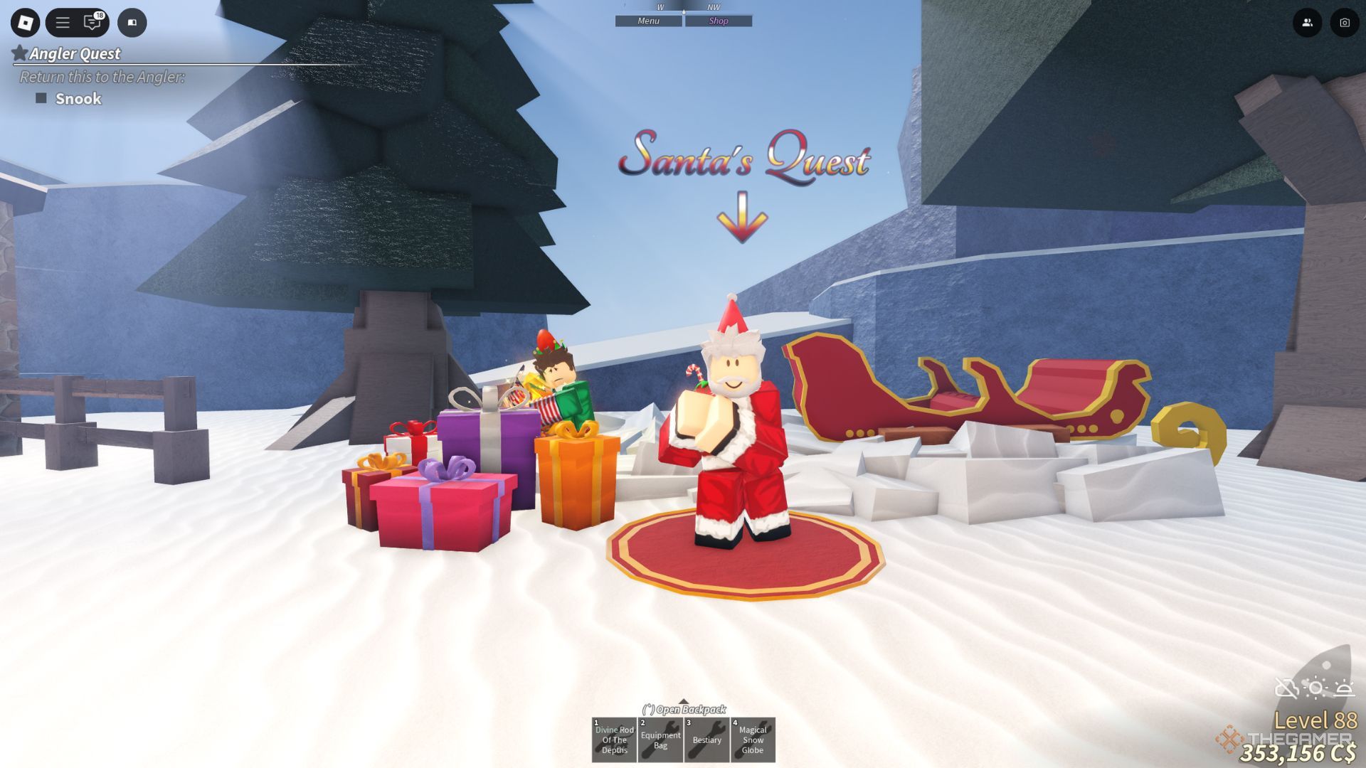 Santa NPC next to the Sleigh Boat and many presents in Winter Village in Fisch.