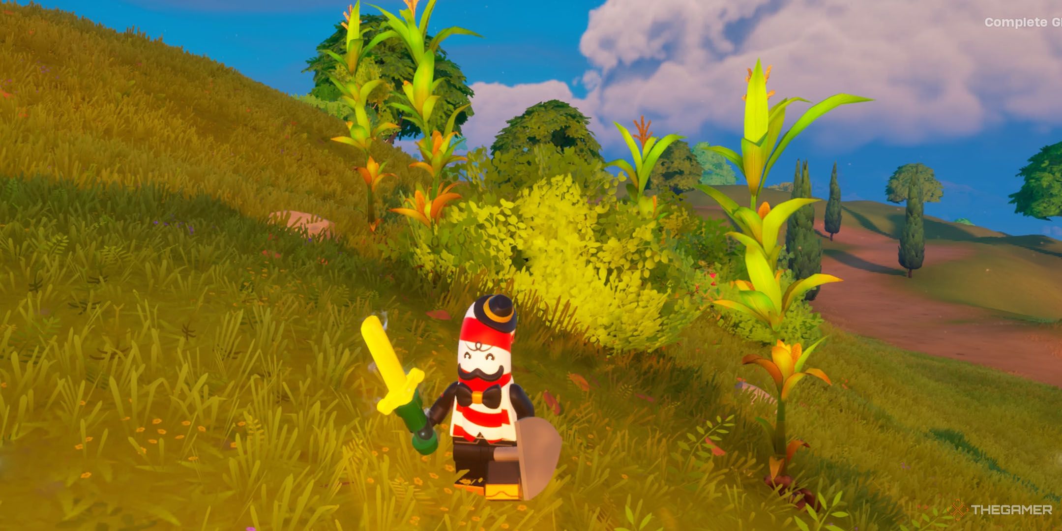 Mr Dappermint in front of some wheat in Lego Fortnite Odyssey.