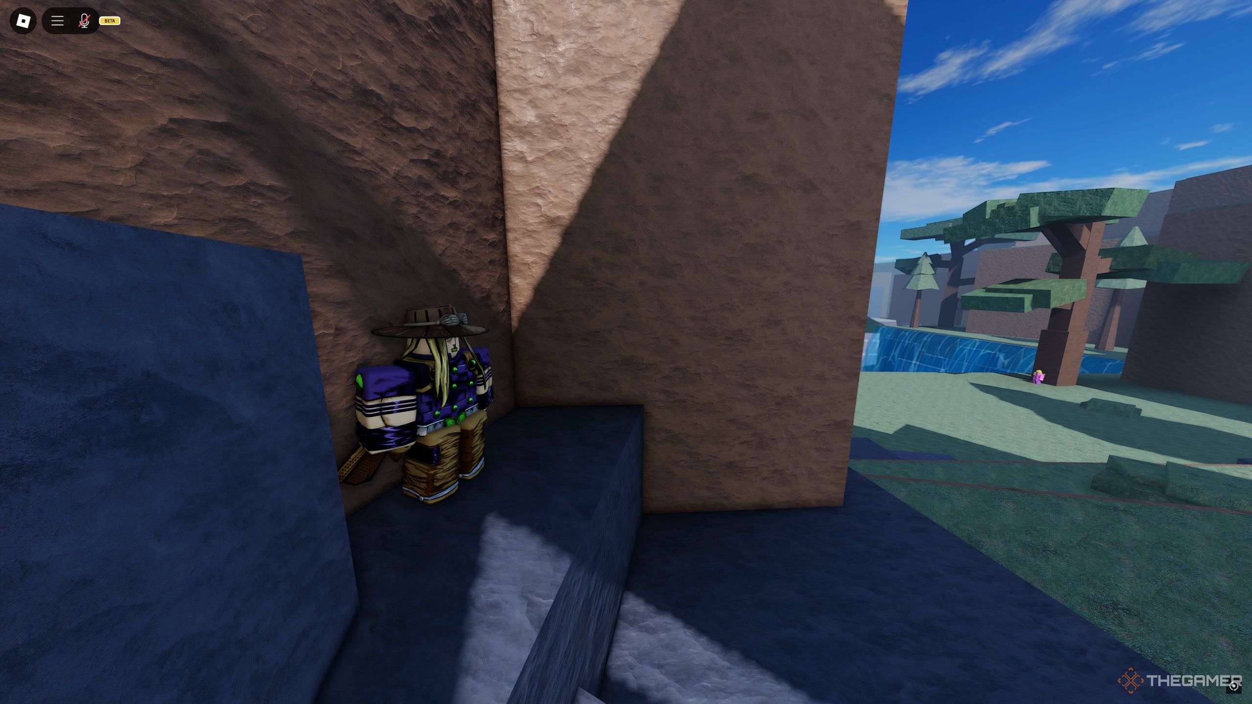 Gyro, standing on top of the waterfall for the quest for Tusk Act 1, in Roblox: A Universal Time.