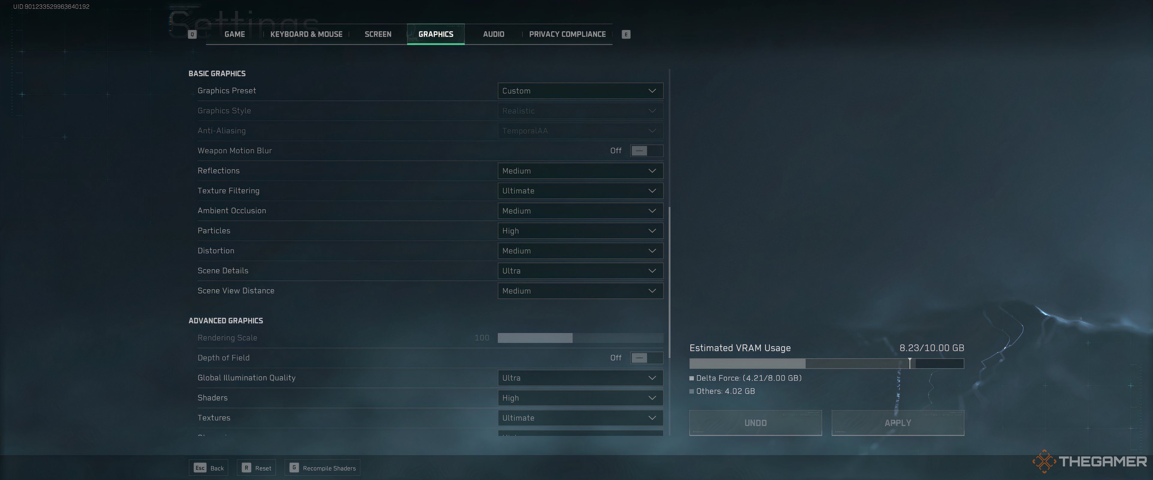 Optimized settings screen in Delta Force.