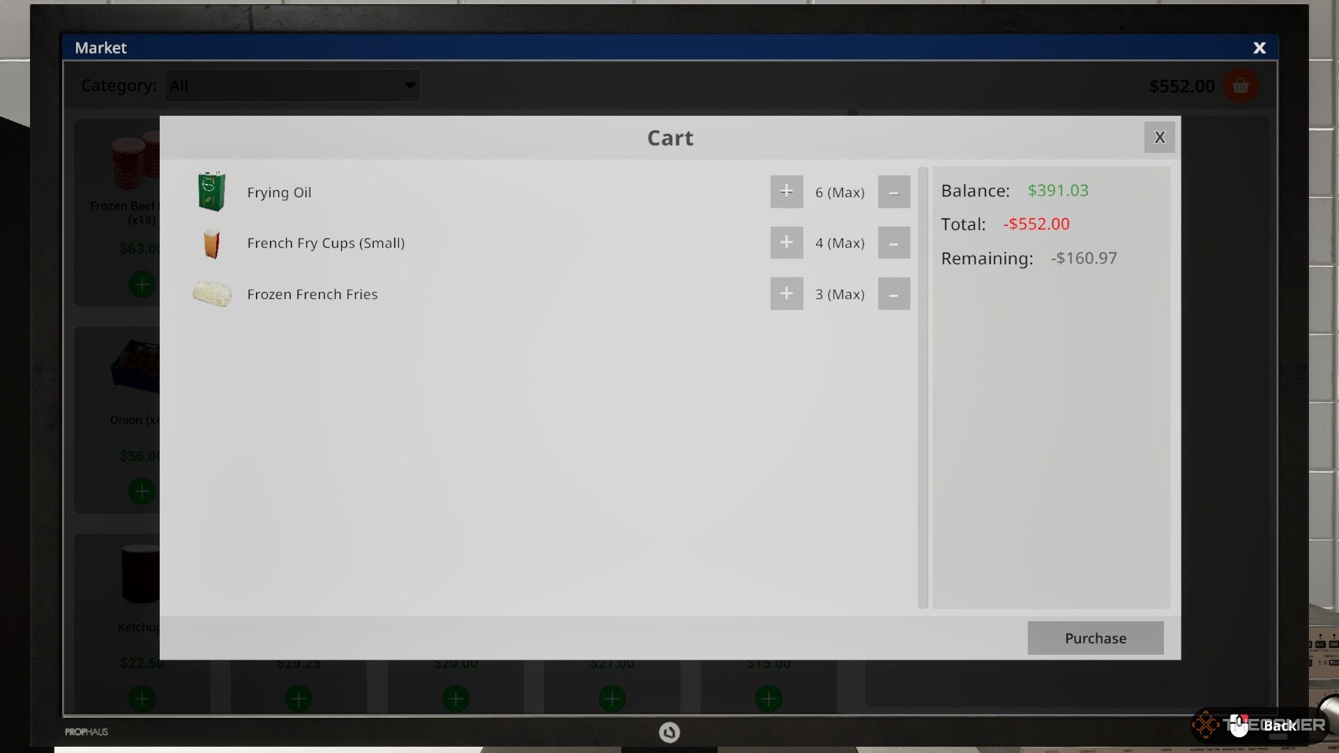 The image shows the player ordering the required items to prepare French Fries from the Market app in Fast Food Simulator.