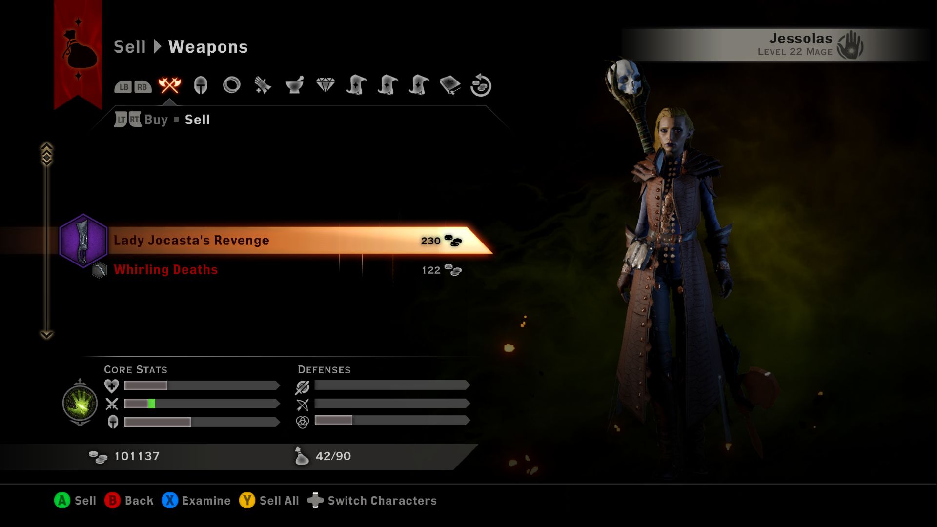 Dragon Age Inquisition screenshot of weapons listing at merchant.