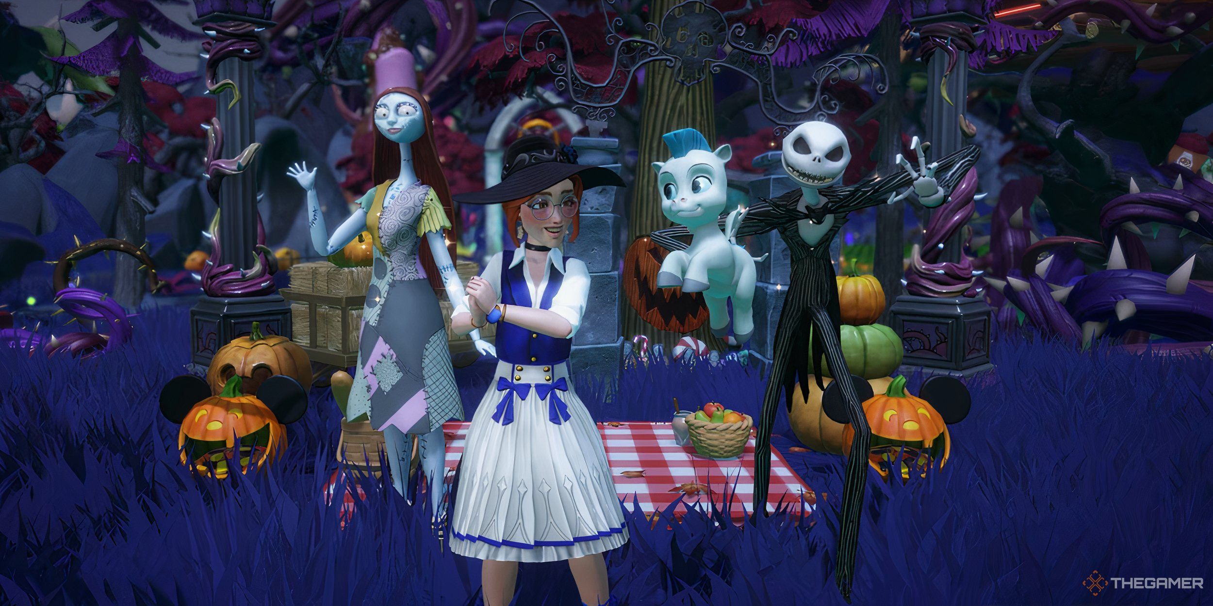 The Avatar posing with Jack and Sally on their date in the Forgotten Lands with a baby pegasus.