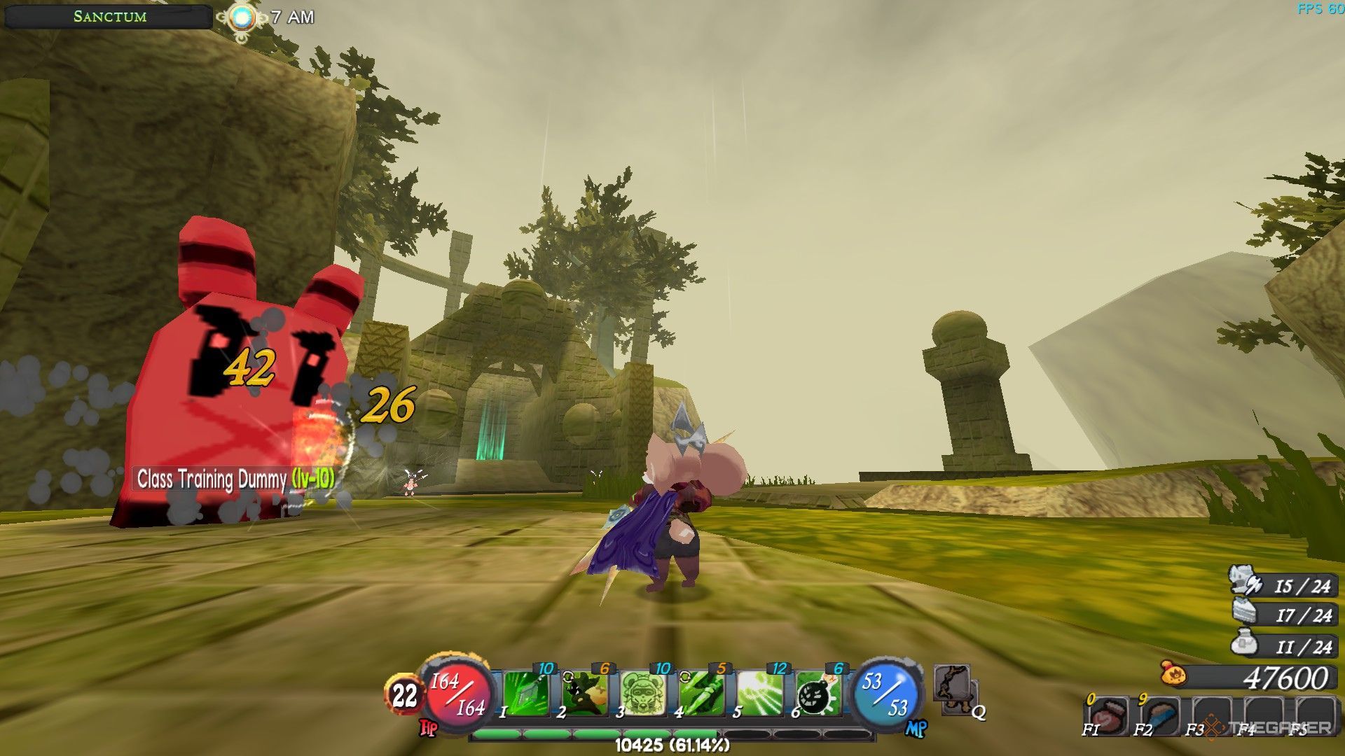 The image shows the player is attacking a Class Training Dummy with a bow in Atlyss.