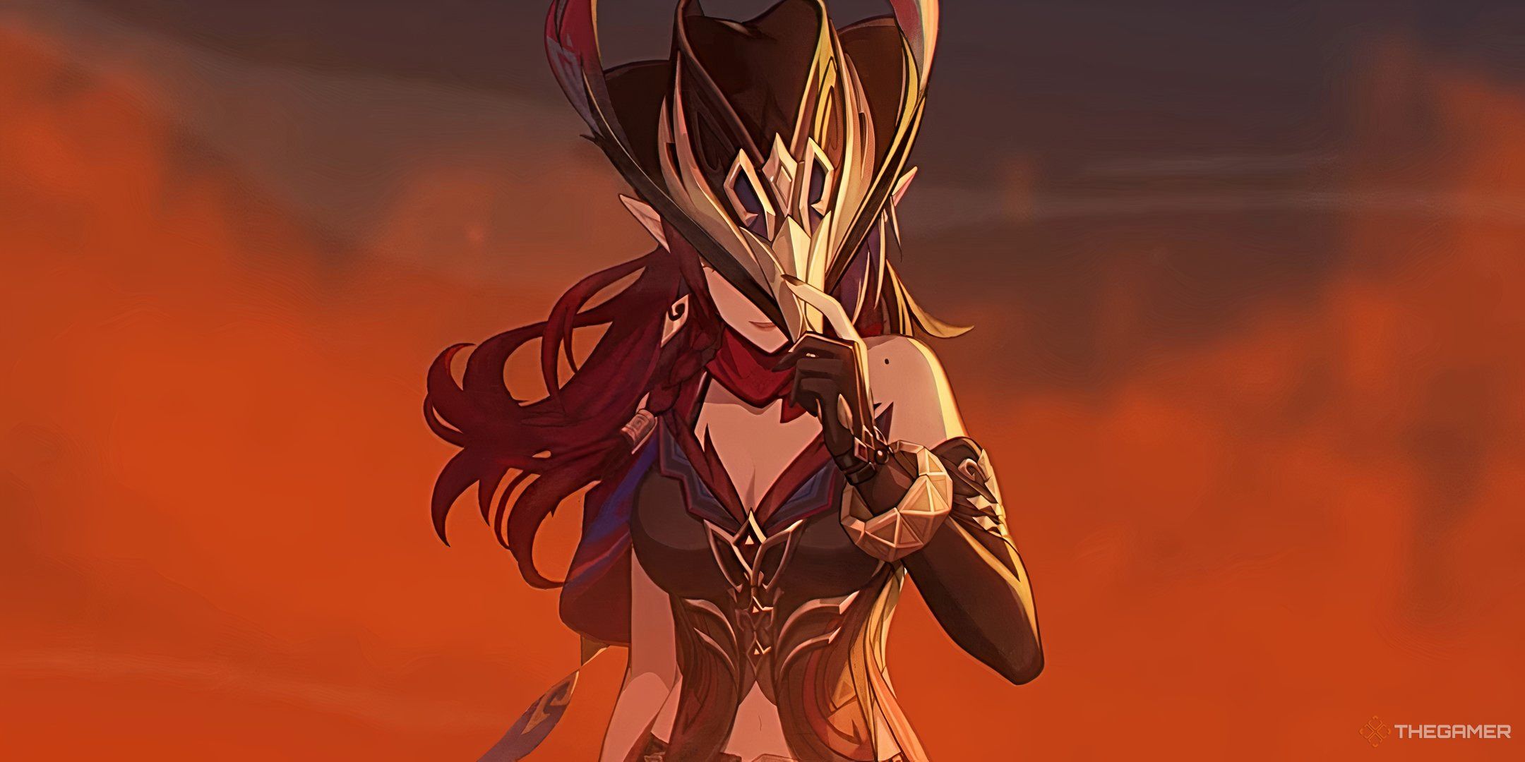 Chasca standing amidst a desert haze, holding her hat down to cover her face in Genshin Impact.