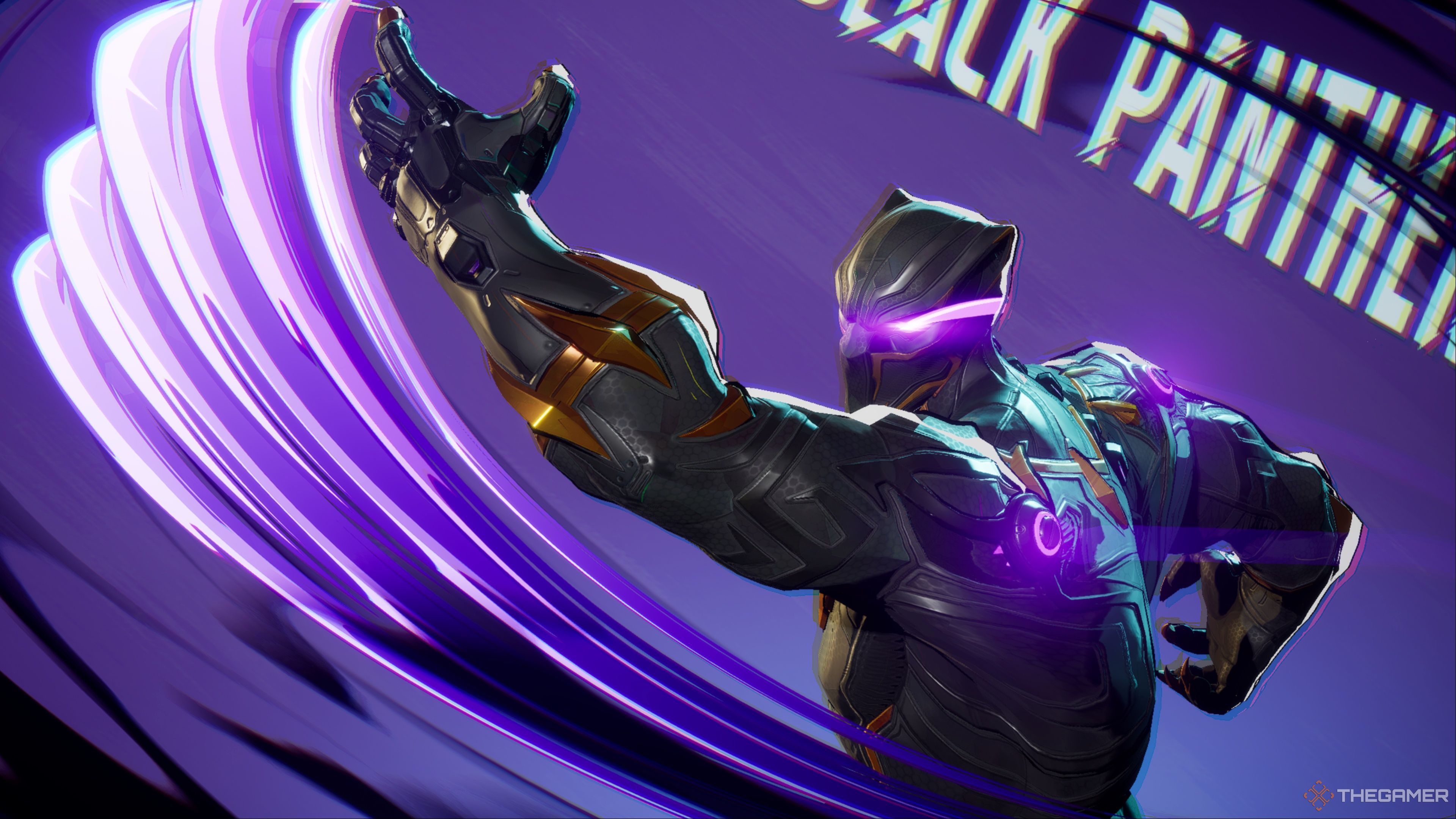 Black Panther slashing upward with his devastating Vibranium Claws while in front of a purple and black background in Marvel Rivals.