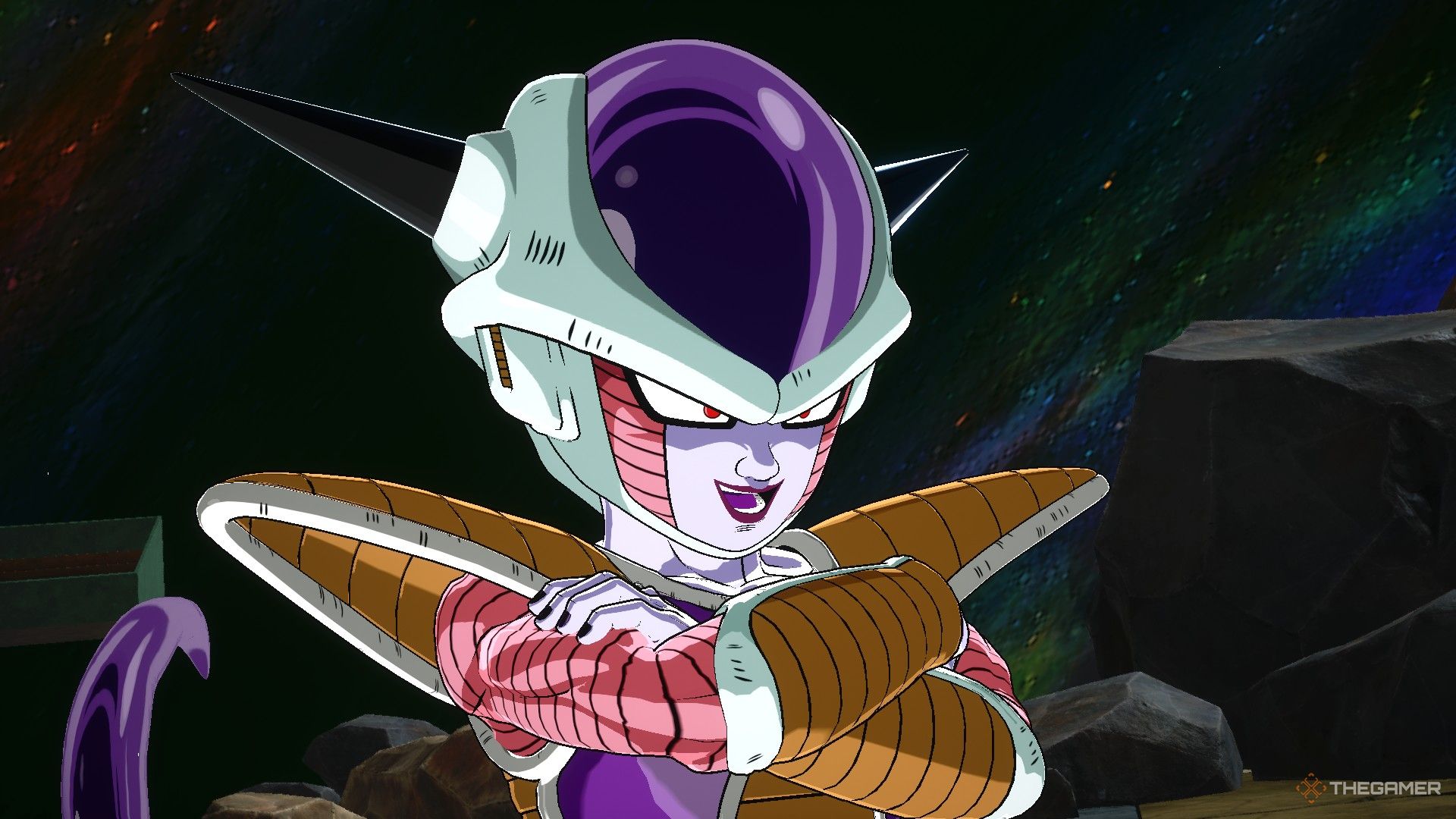 Dragon Ball Sparking Zero image showing Frieza on his 1st form crossing his arms.