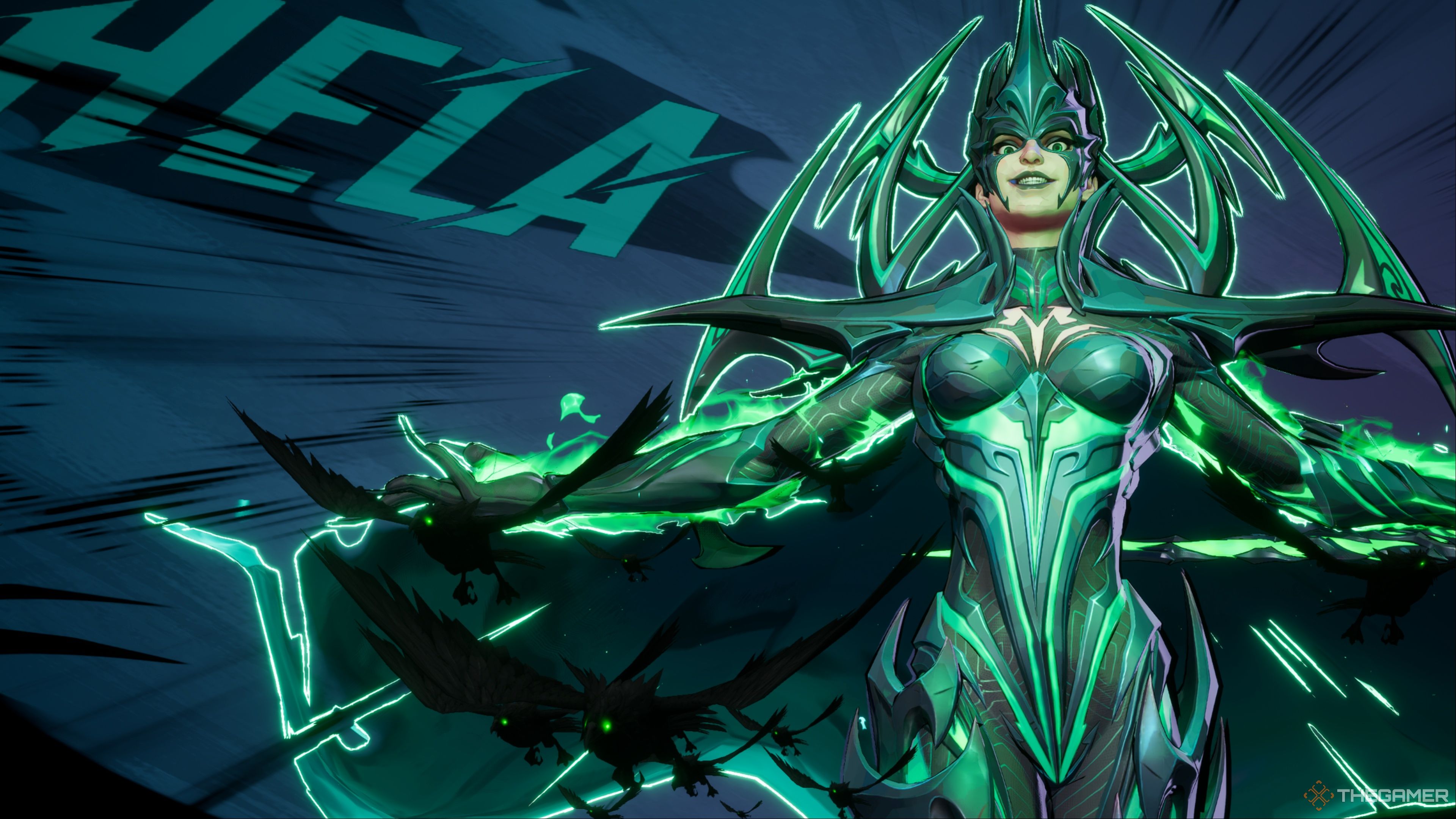 Hela posing with her arms spread outward with a devilish grin on her face in front of a blue and green background in Marvel Rivals