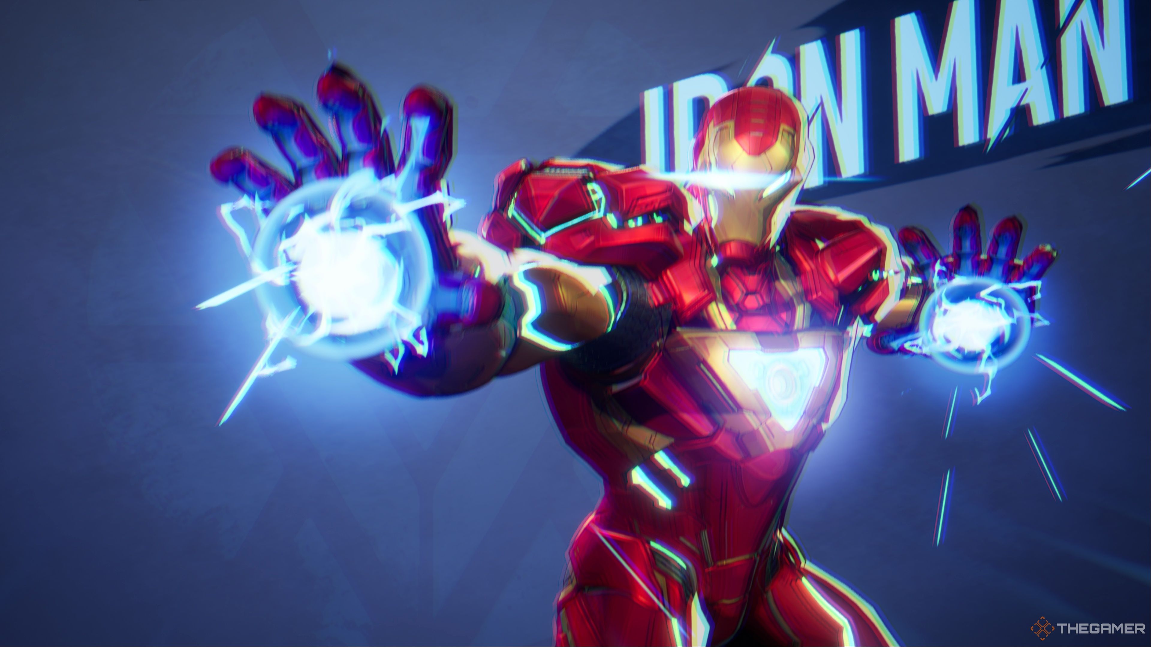 Iron Man charging his Repulsor Blast while standing in front of a blue background in Marvel Rivals