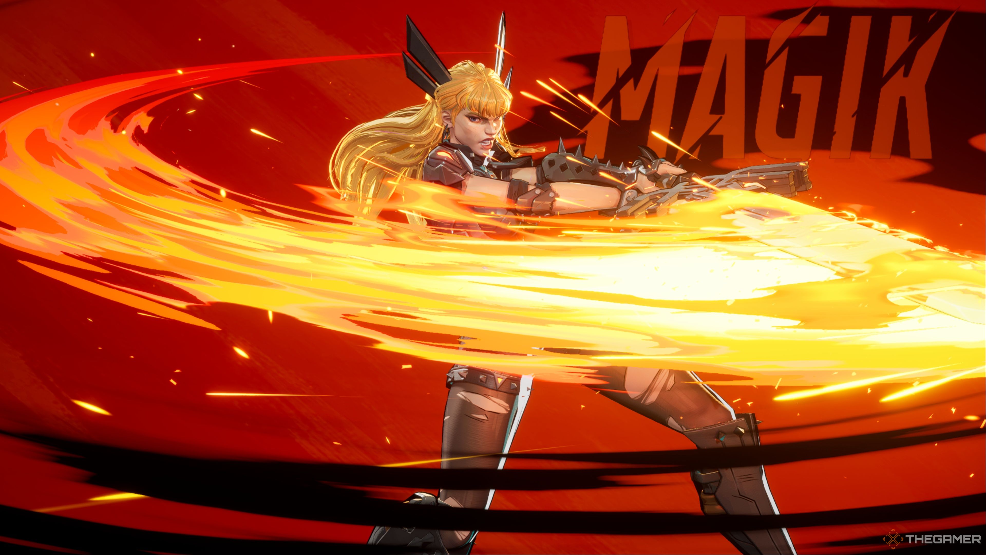 Magik swinging her Soulsword across the screen horizontally with a fierce look on her face while in front of a black and red background in Marvel Rivals.