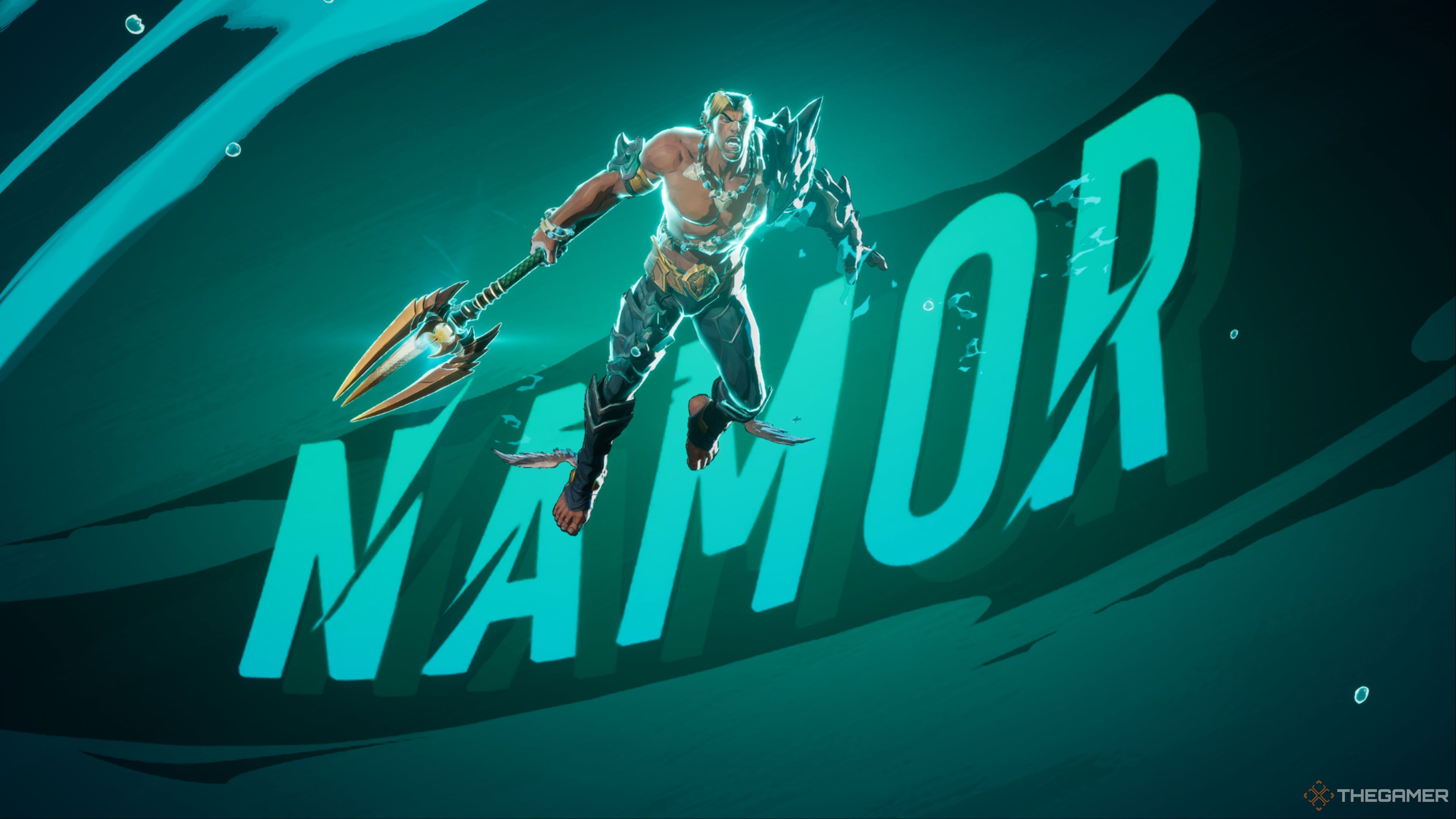 Namor standing beneath the water, screaming toward the heavens in front of a teal and green background in Marvel Rivals