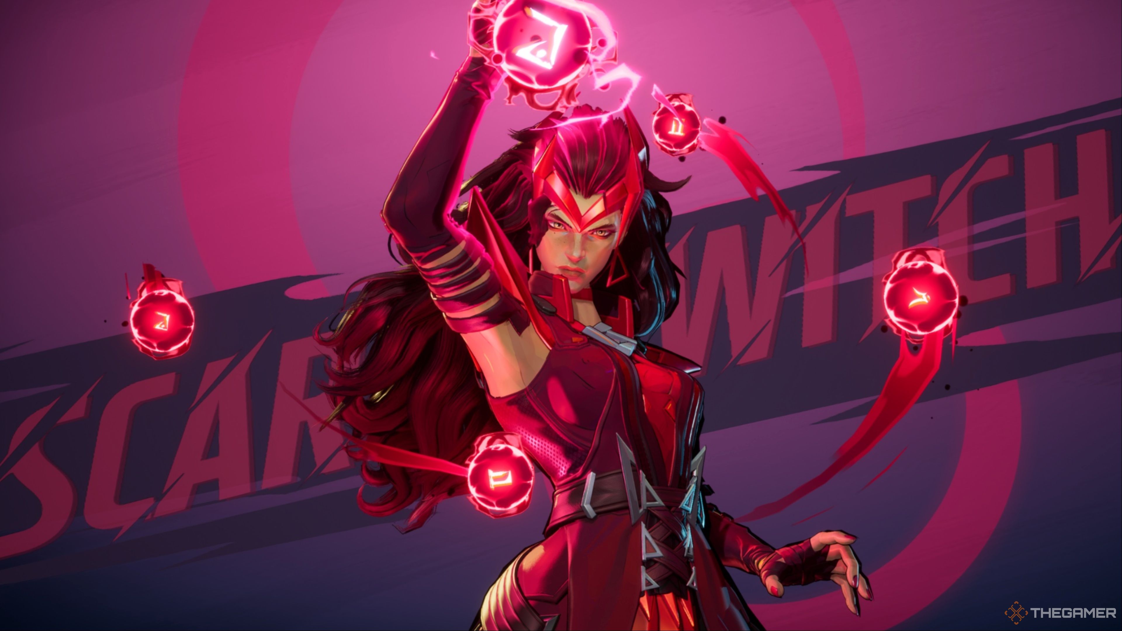 Marvel Rivals Scarlet Witch mid shot with her name in the background.