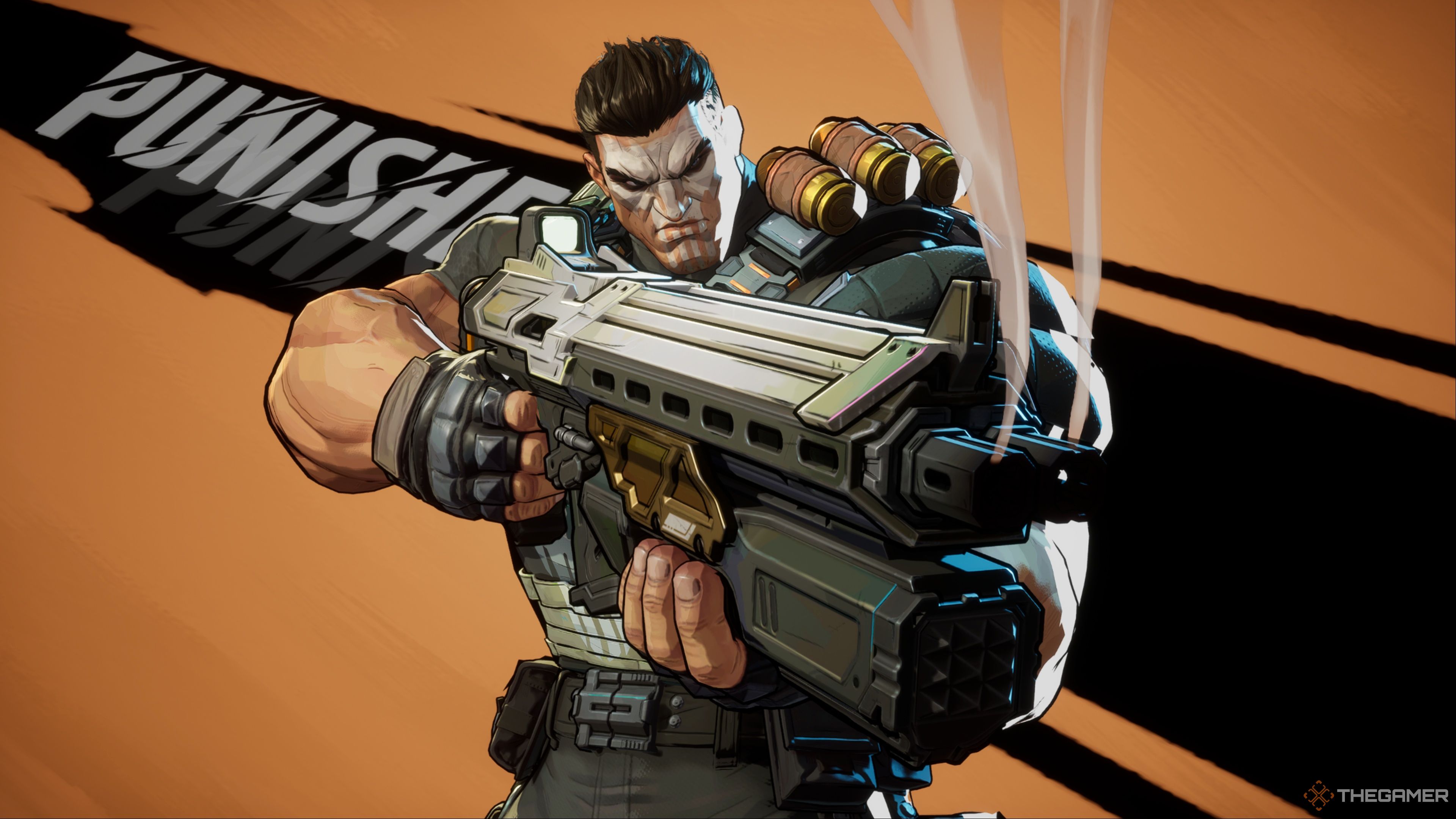 The Punisher's splash screen in Marvel Rivals, having him aiming down the sights of his AR after firing a few shots off, having its dual barrels smoke, while standing in front of an orange and black background.