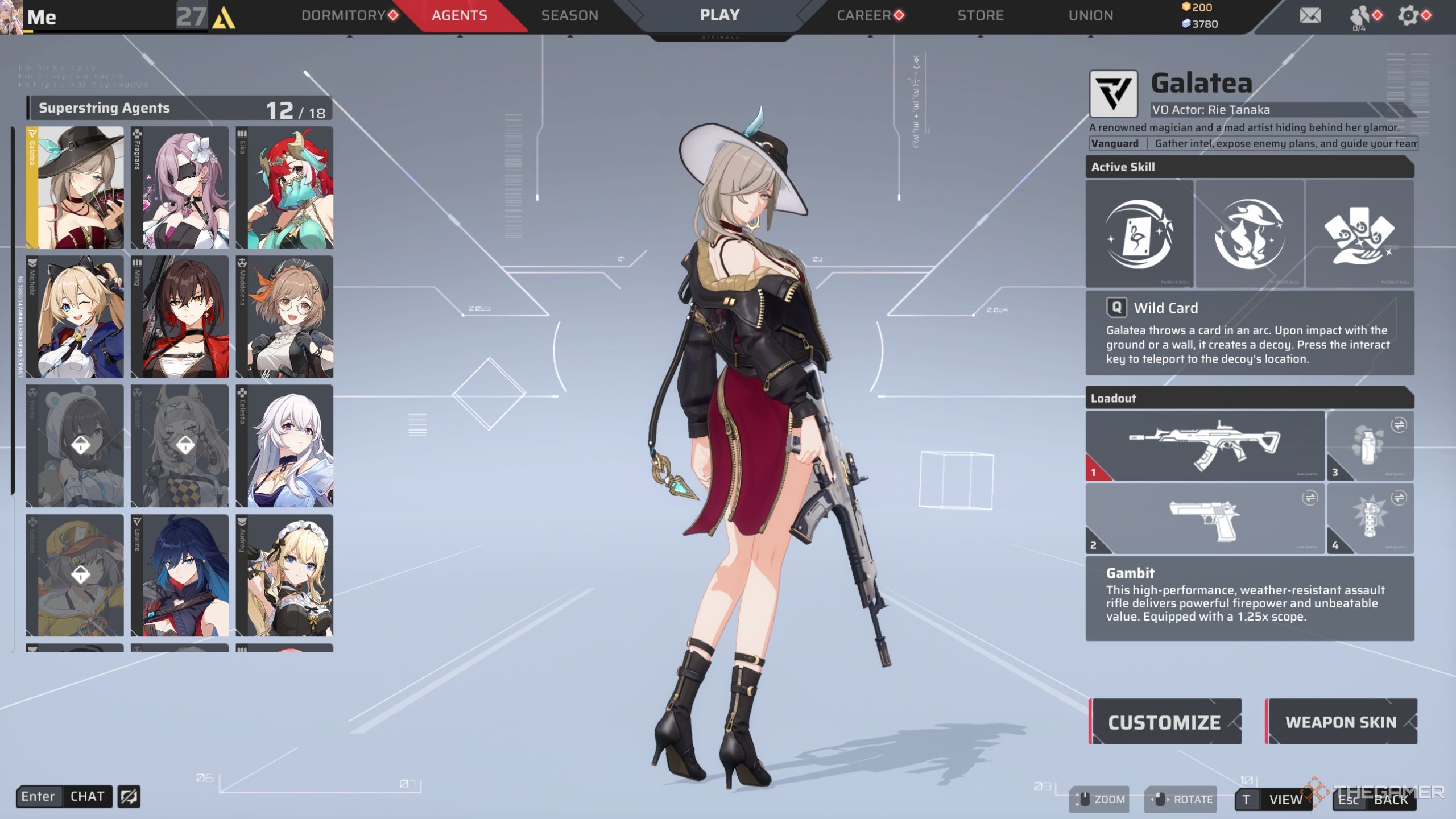 Strinova Galatea abilities and guns in menu.