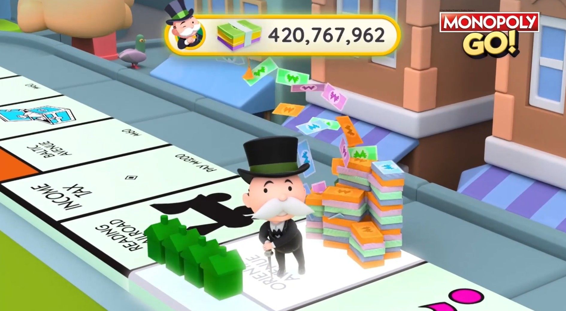 Mr. Monopoly posing with four houses and a stack of cash on a property in Monopoly Go.