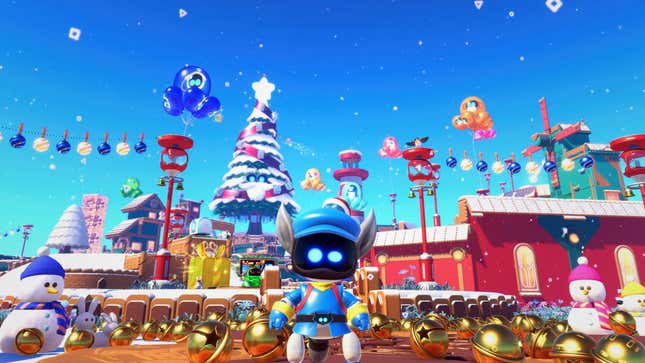 A Sly Cooper-themed Astro Bot sits before a Holiday and Christmas-themed level.