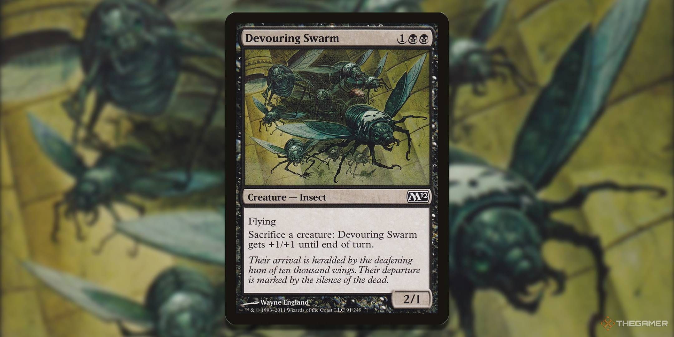 MTG Devouring Swarm card with art in the background.