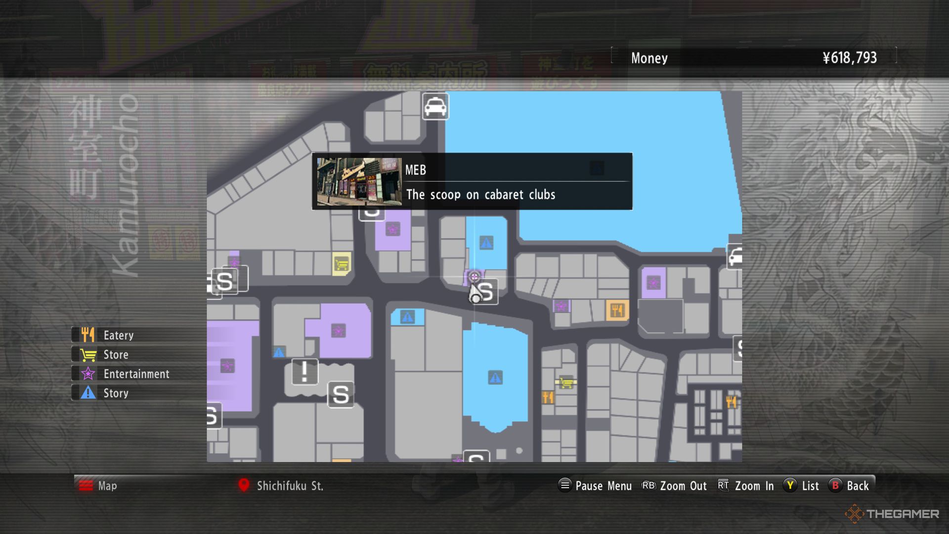 Yakuza Kiwami screenshot of MEB highlighted on the map.