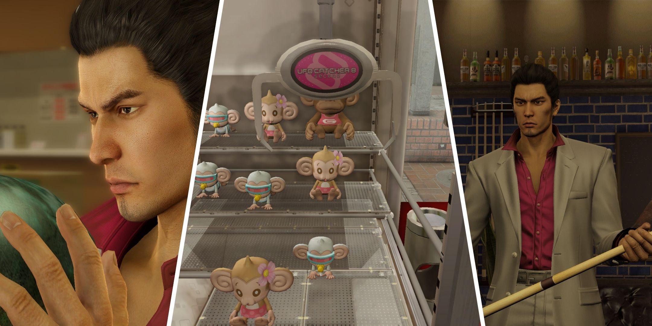 Split image of three screenshots from Yakuza Kiwami. One shows Kiryu with a bowling ball, while another shows him holding a pool due. The middle image is of the UFO Catcher claw machine.