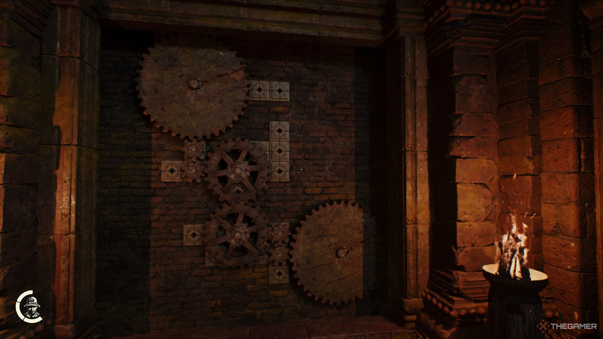 the khmer cogwheel puzzle at the waterfall ruins with the gears correctly placed in Indiana Jones and the Great Circle.