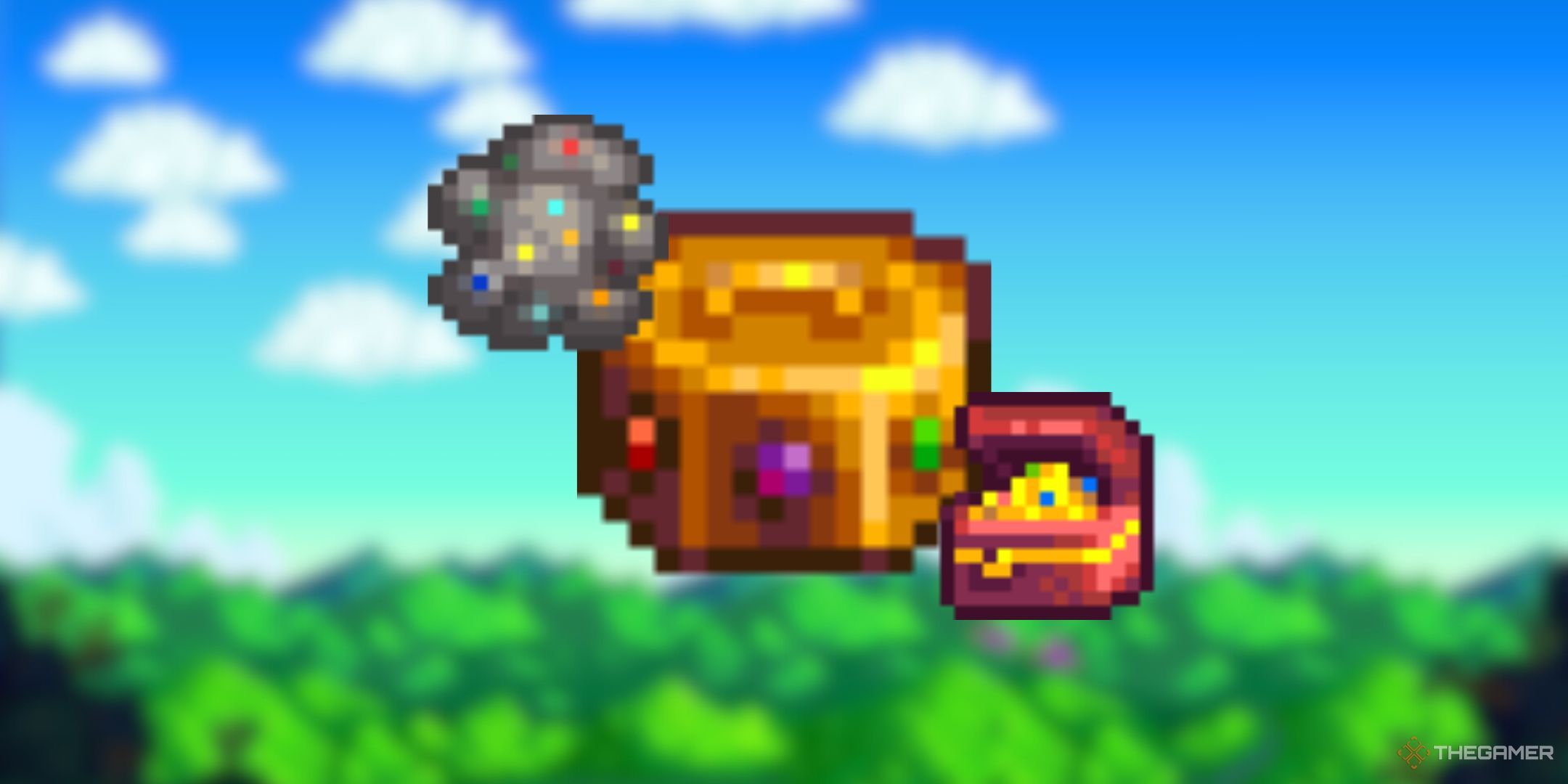 Stardew Valley Omni Geode, Artifact Trove, and Treasure Chest over blurred background.