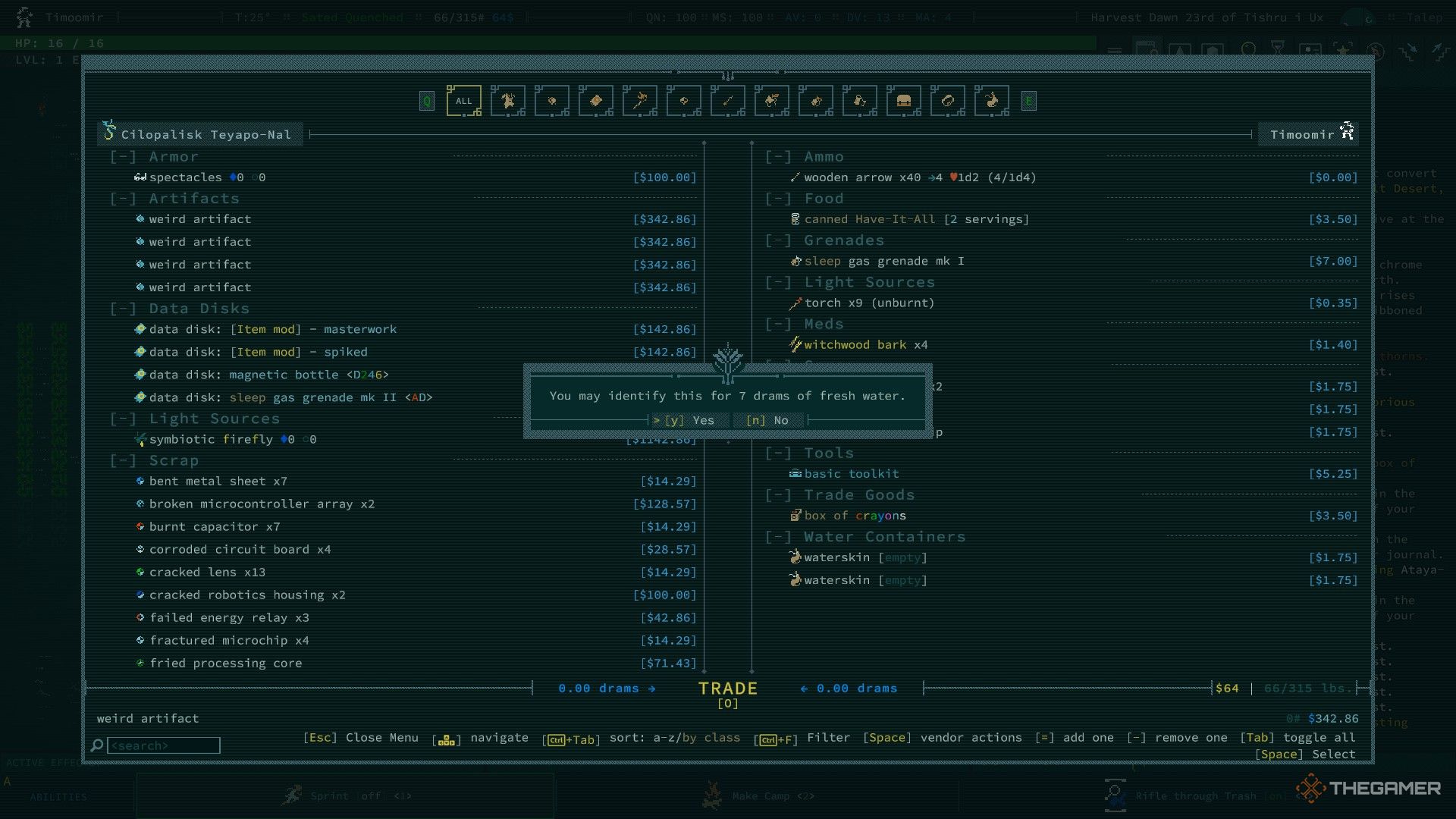 the player identifies an item at a trader in caves of qud.