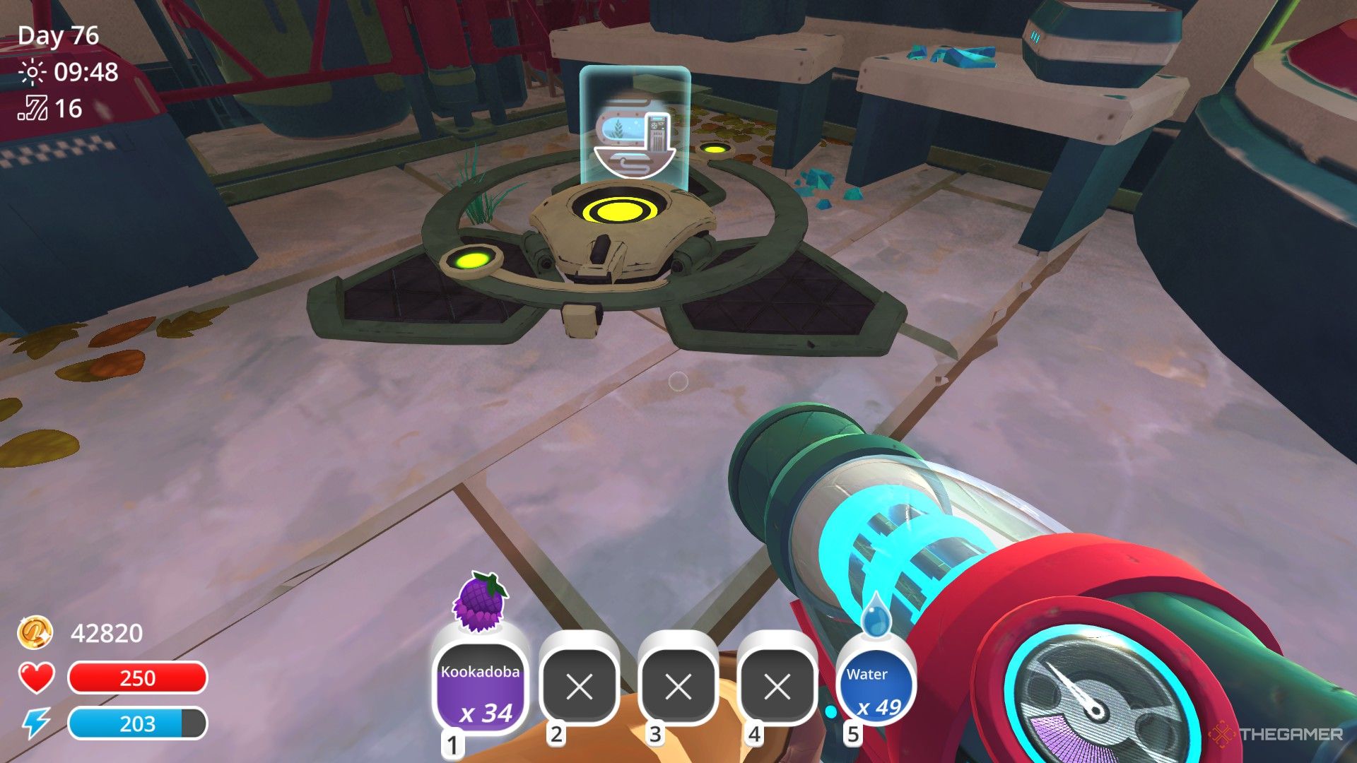 The player is standing in front of the locked teleporter that leads to Viktor's Workshop in Slime Rancher