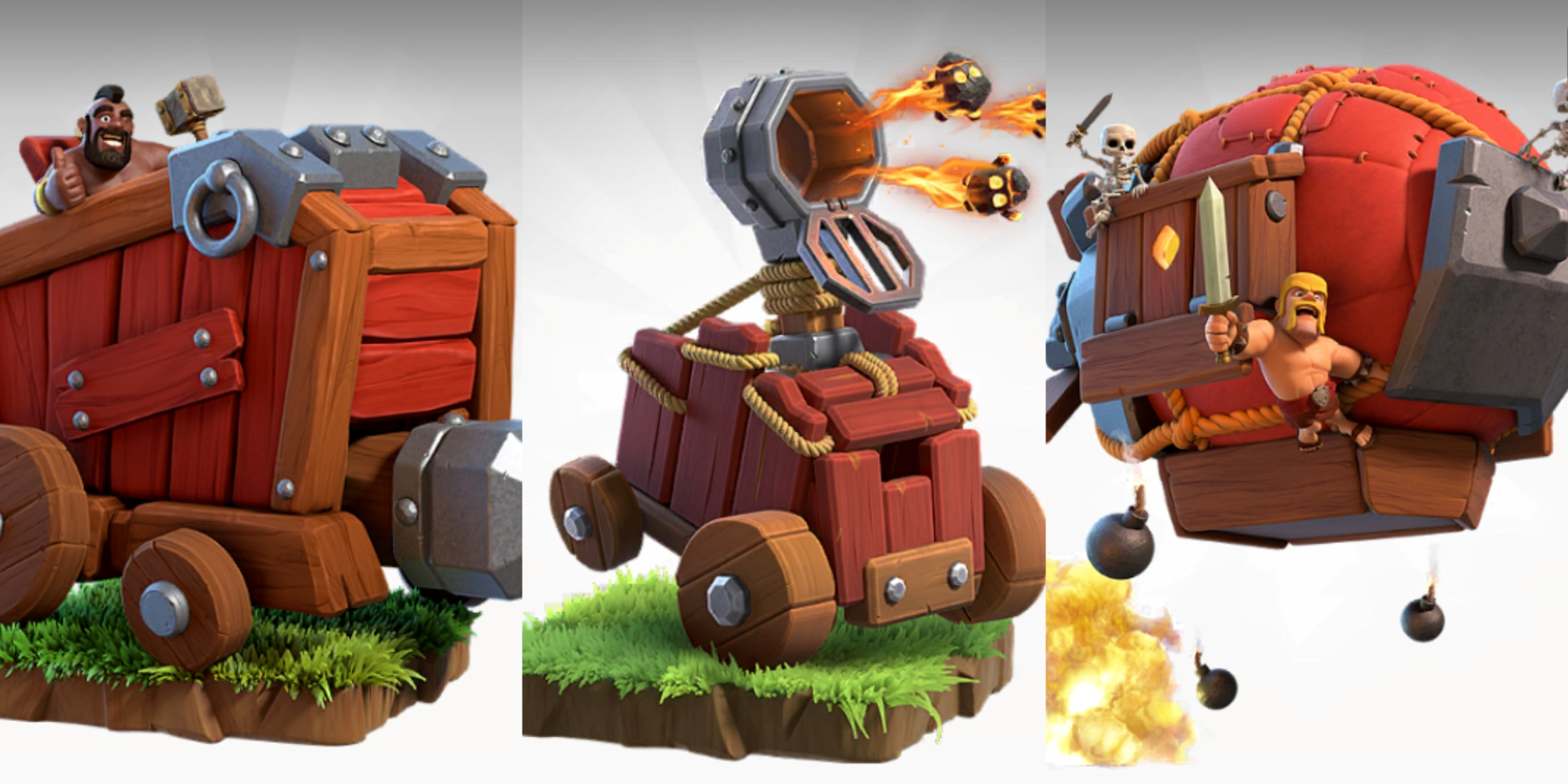 Siege Machines, Wall Wrecker, Flame Flinger and Battle Blimp in front of a white background in Clash of Clans