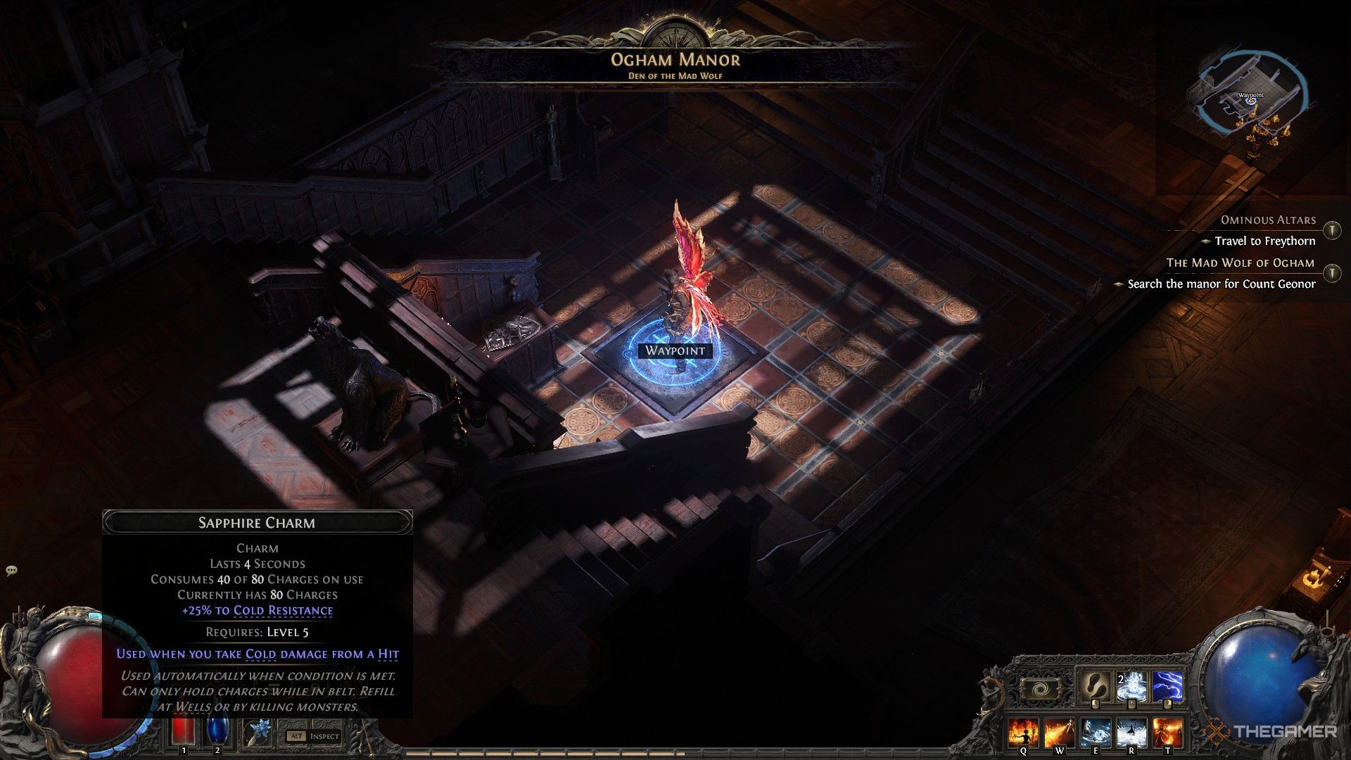 A player looking at the Sapphire charm while in the Manor.