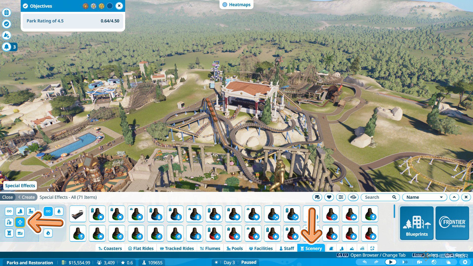 Orange arrows are showing the how to open special effects via buttons in Planet Coaster 2