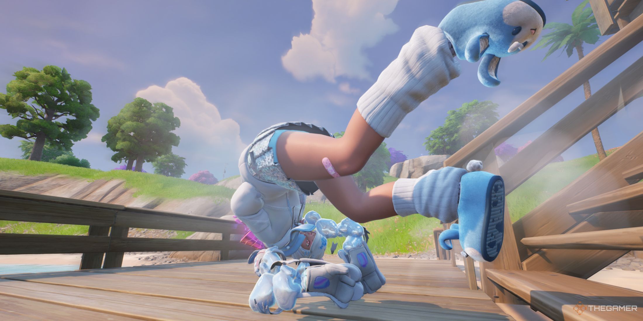 A photo of a Fortnite character performing a roll.