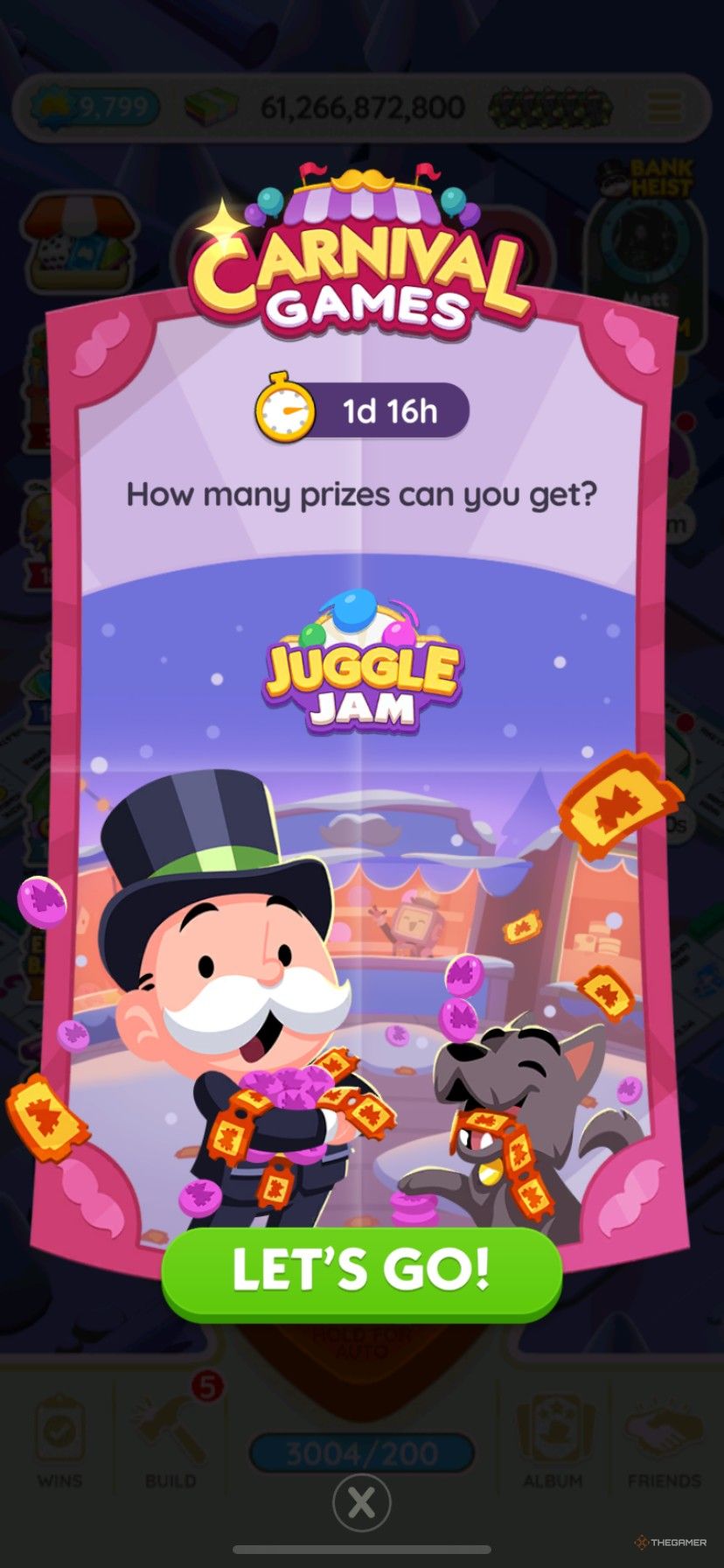 Start screen for the second December Carnival Games Juggle Jam with Mr. Monopoly and Scottie