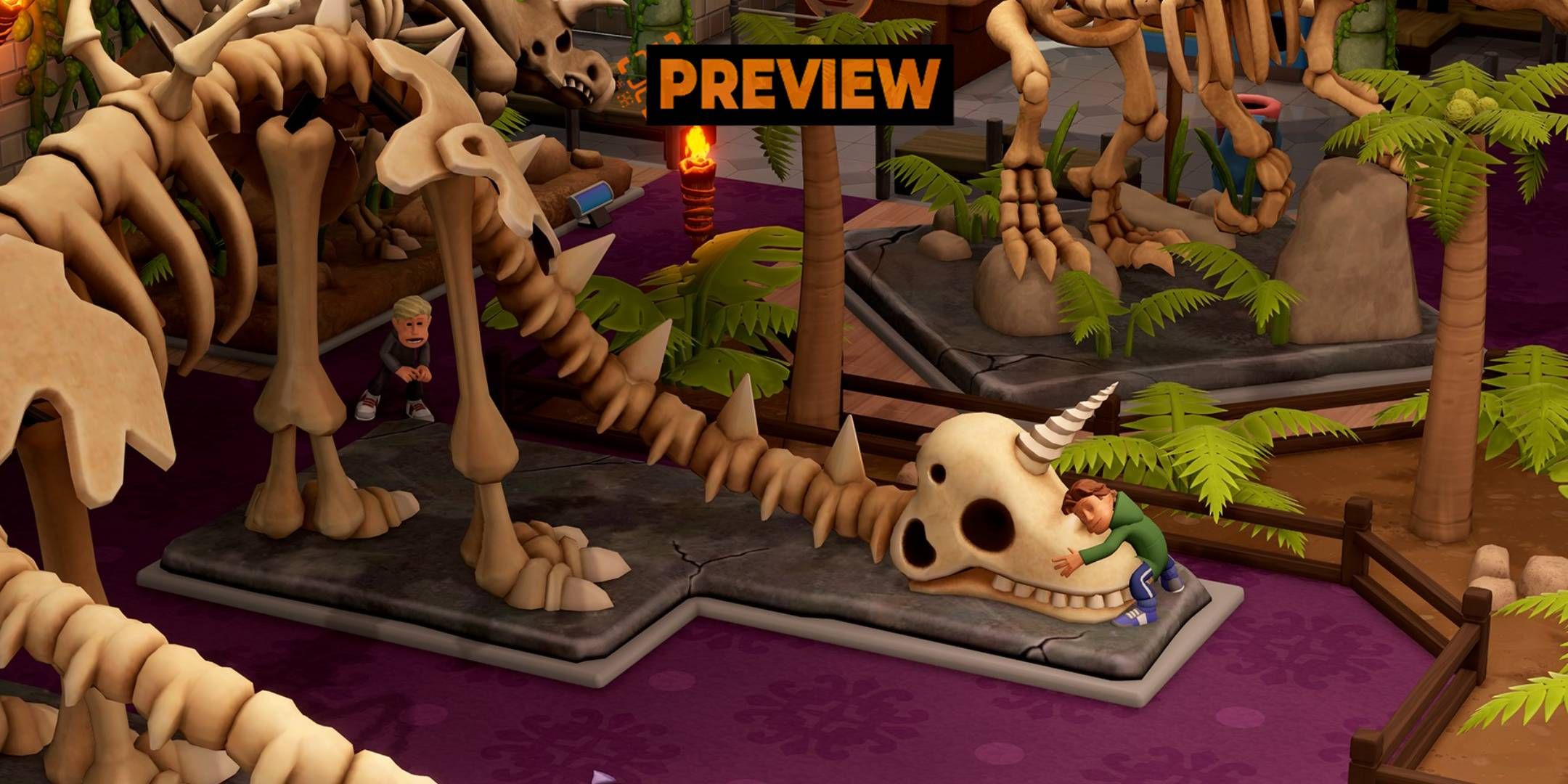 A child hugging a dinosaur skeleton in Two Point Museum with the preview logo at the top.