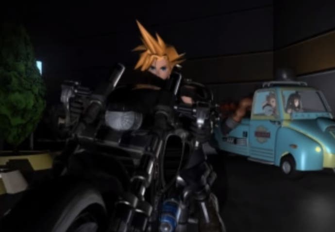 Final Fantasy 7 FMV screenshot showing spiky-haired Cloud riding a motorbike