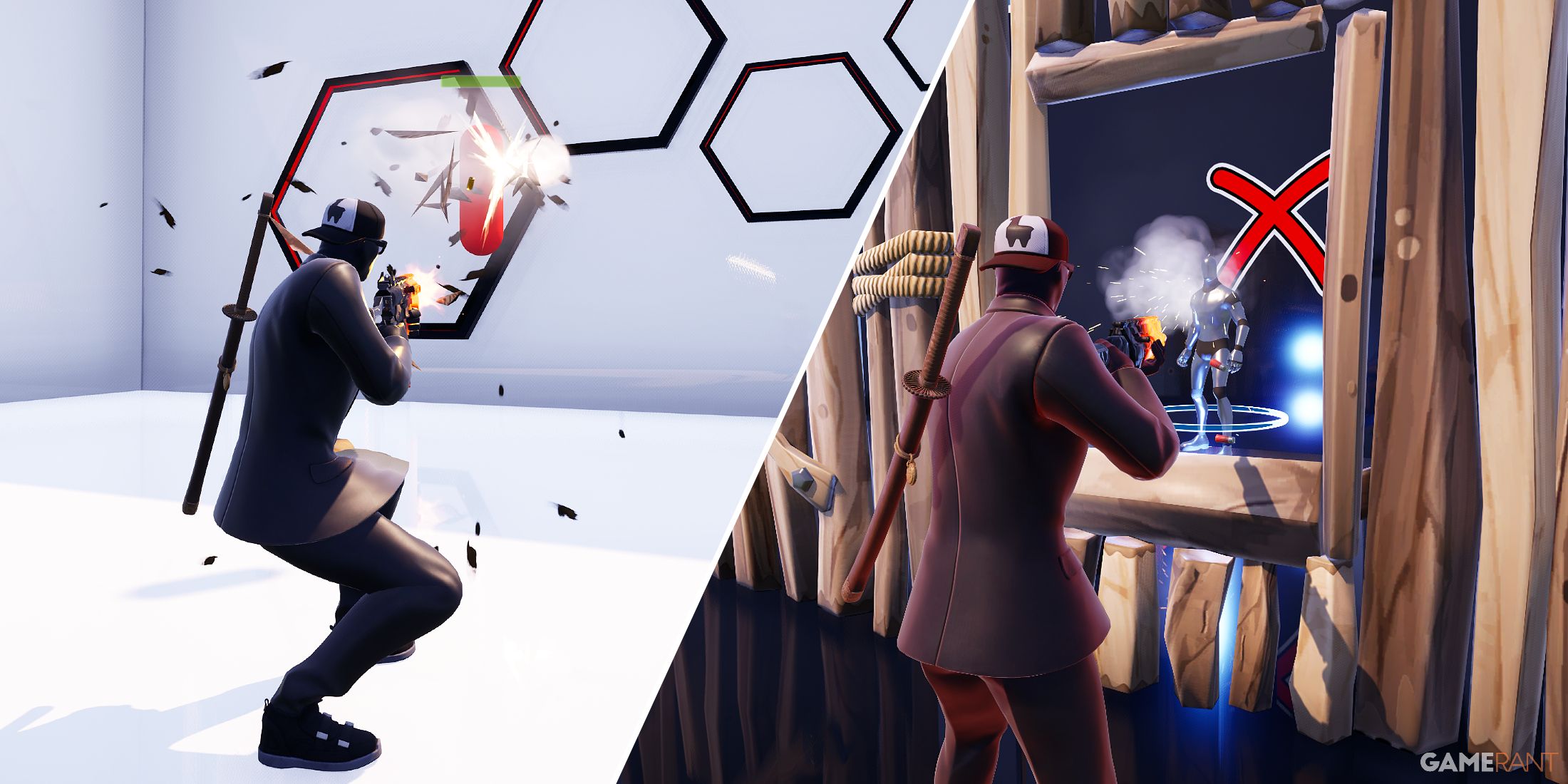 Split-image showcasing two aim training Creative maps in Fortnite