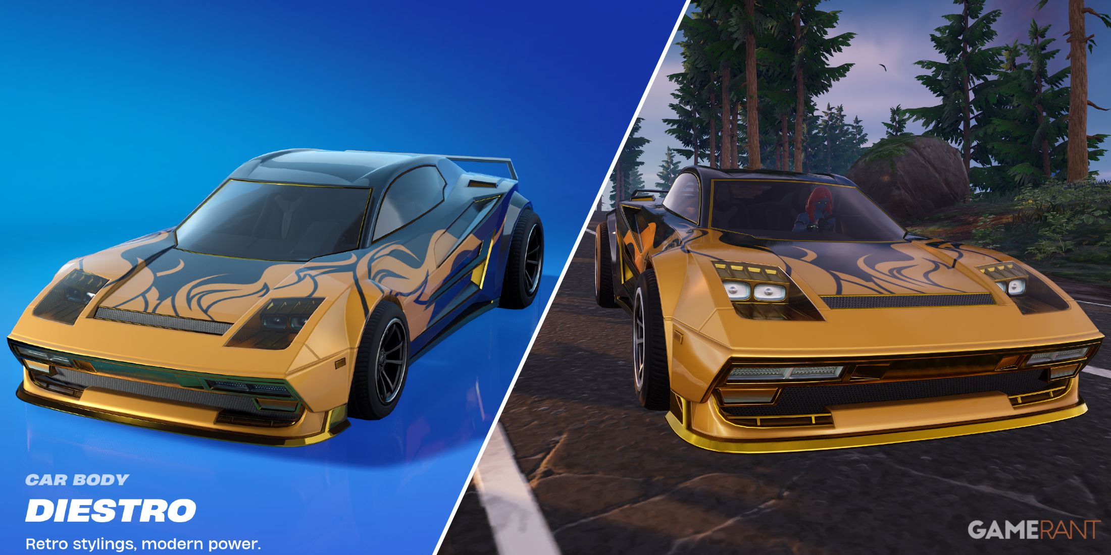 Split-image showcasing Diestro Gold Trim in Fortnite