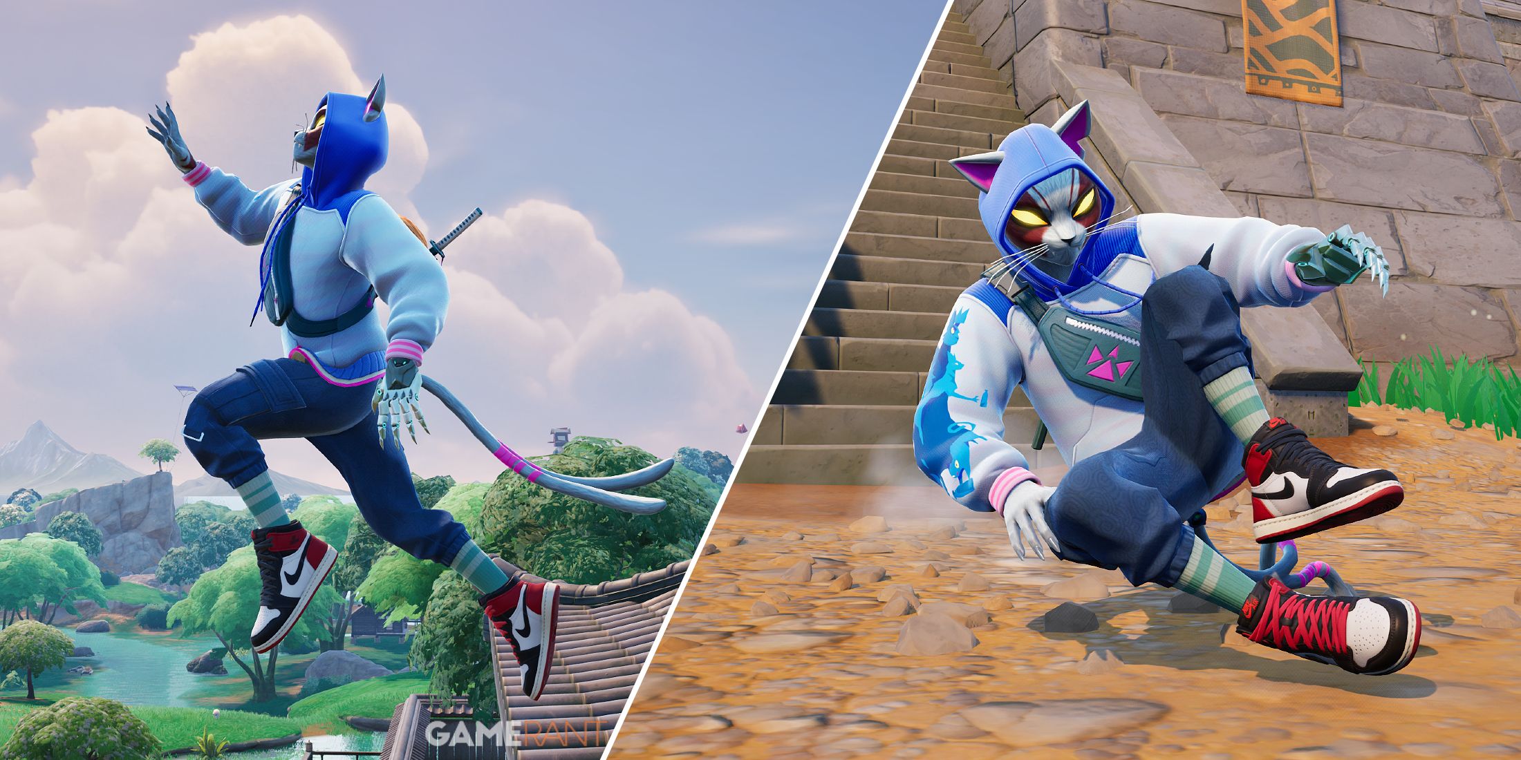 Split-image showcasing how to Ledge Jump & Roll Land in Fortnite