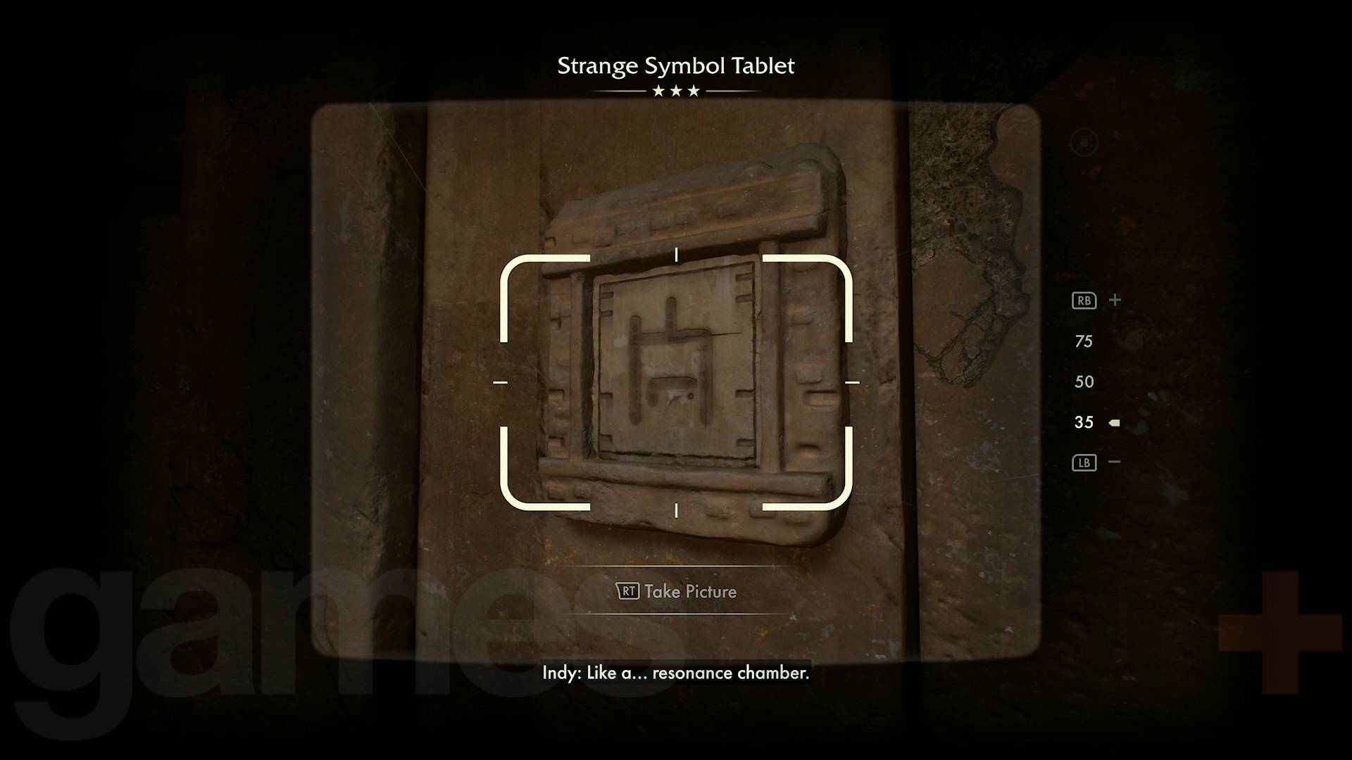 Indiana Jones and the Great Circle Chamber of Resonance taking a photo of a strange symbol tablet