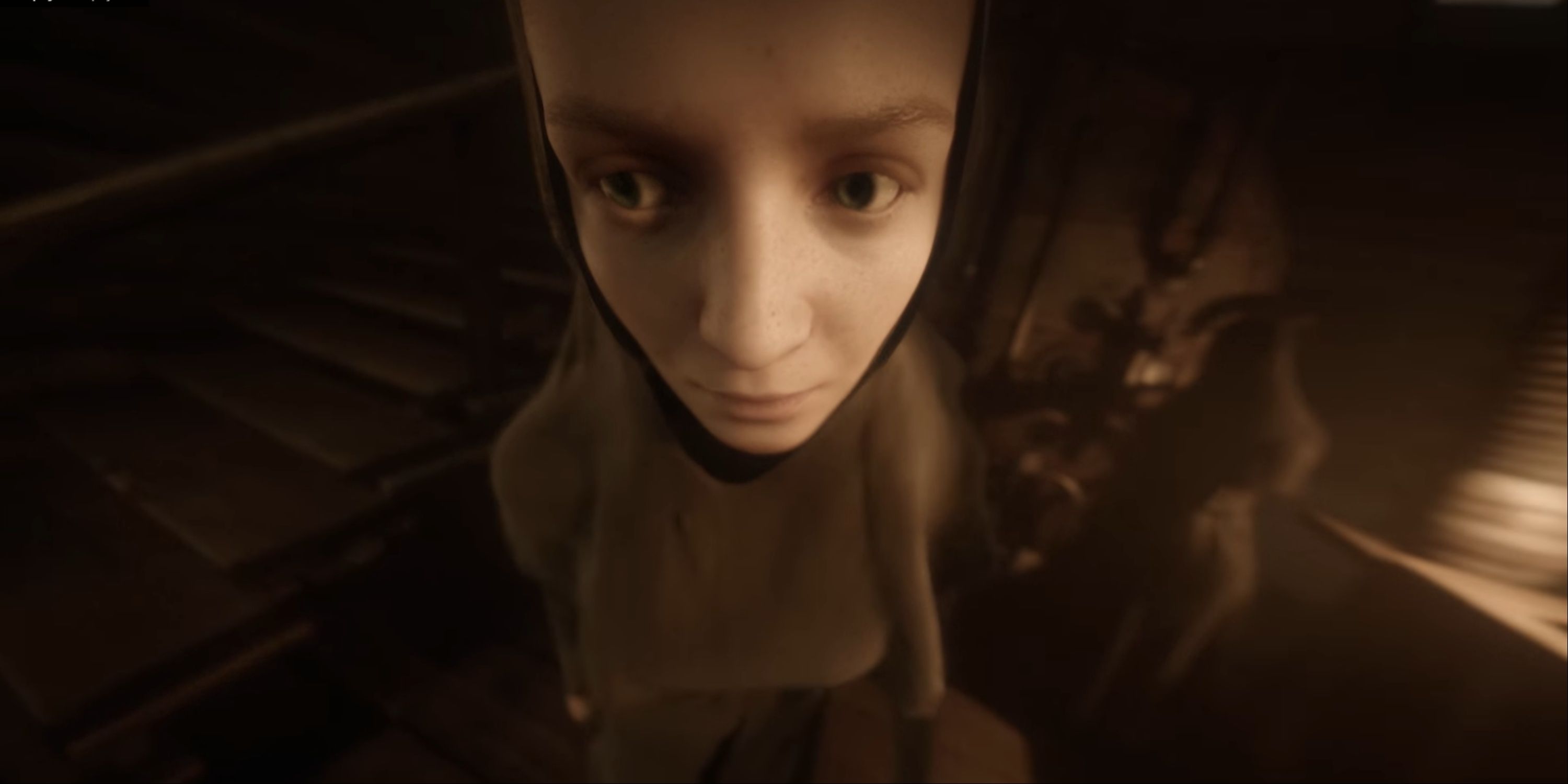 Fisheye Camera Close-Up Of The Main Protagonist In Indika.